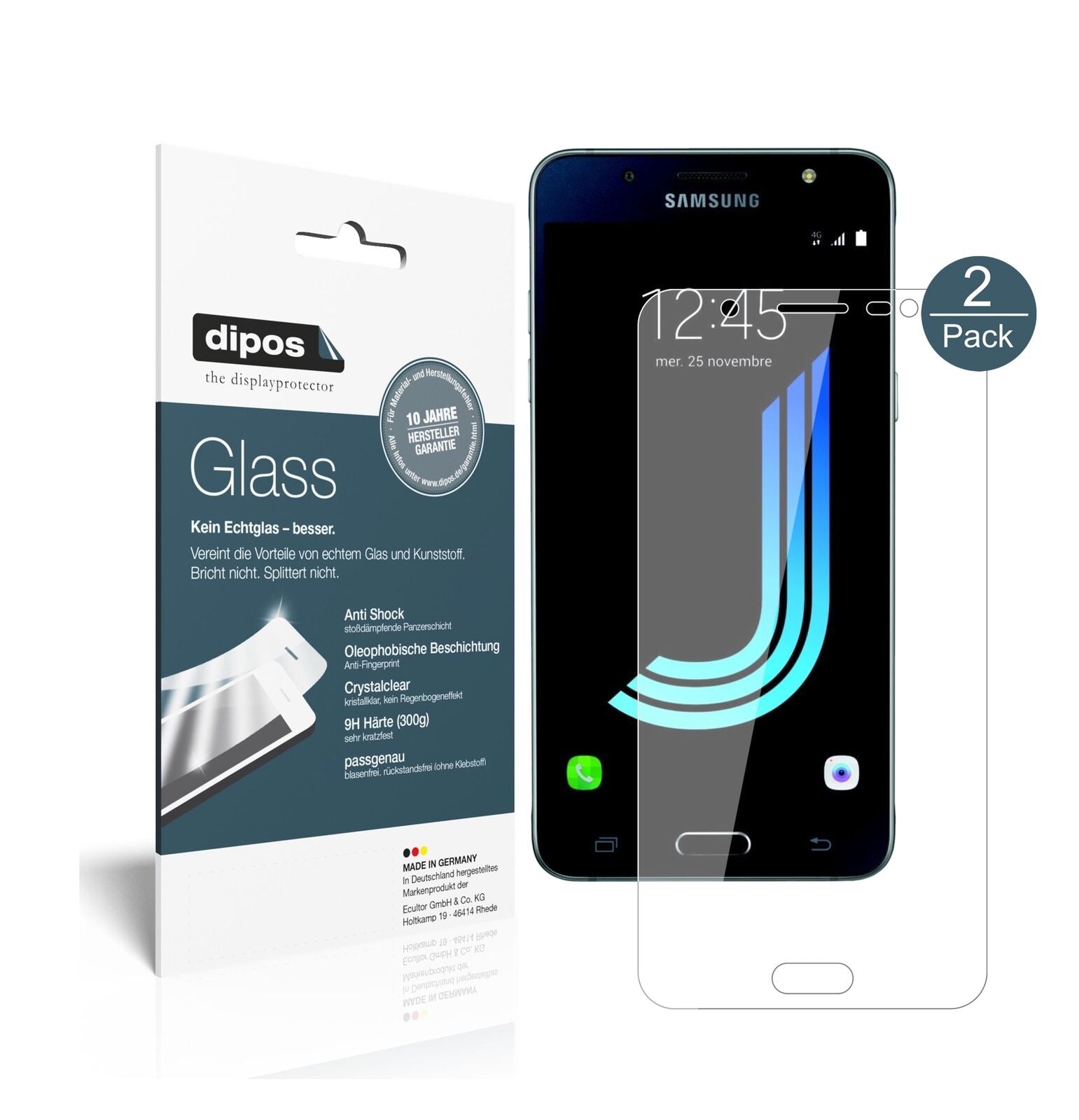 SamsungGalaxy J5 (2016) mit aufgebrachter dipos Flex Schutzfolie, glasklare Darstellung ohne Einschränkungen