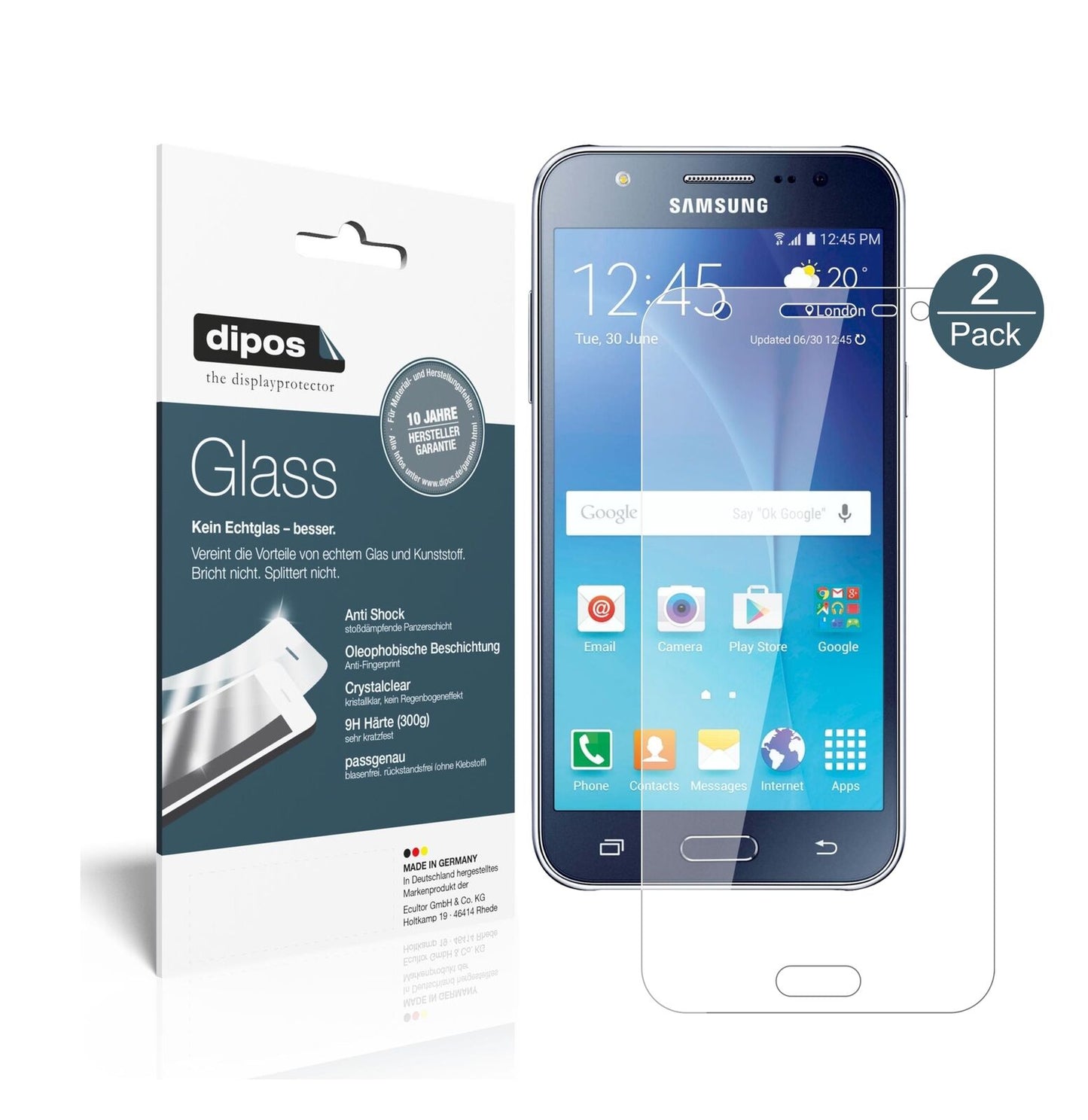 SamsungGalaxy J5 mit aufgebrachter dipos Flex Schutzfolie, glasklare Darstellung ohne Einschränkungen