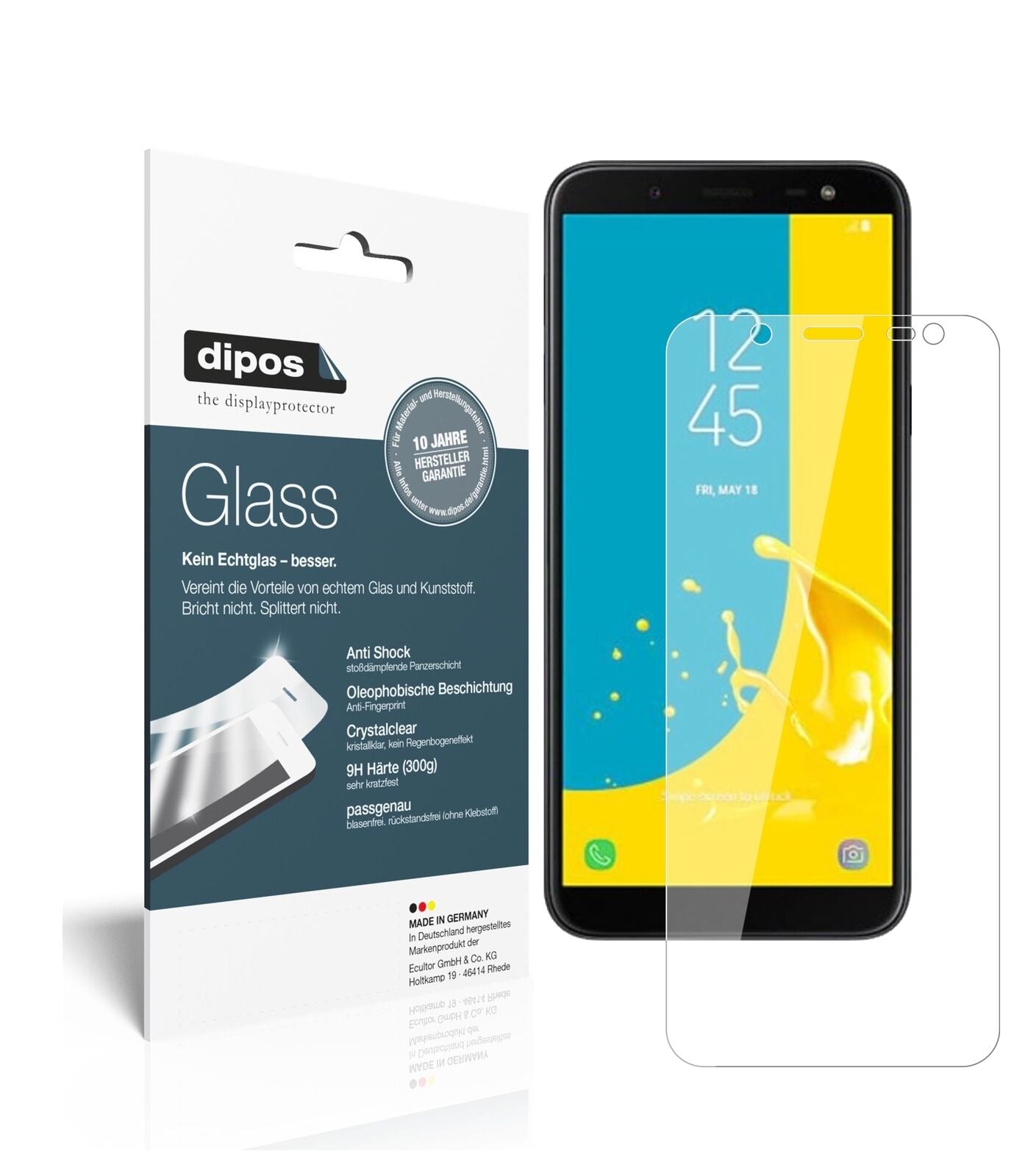 SamsungGalaxy J6 (2018) mit aufgebrachter dipos Flex Schutzfolie, glasklare Darstellung ohne Einschränkungen