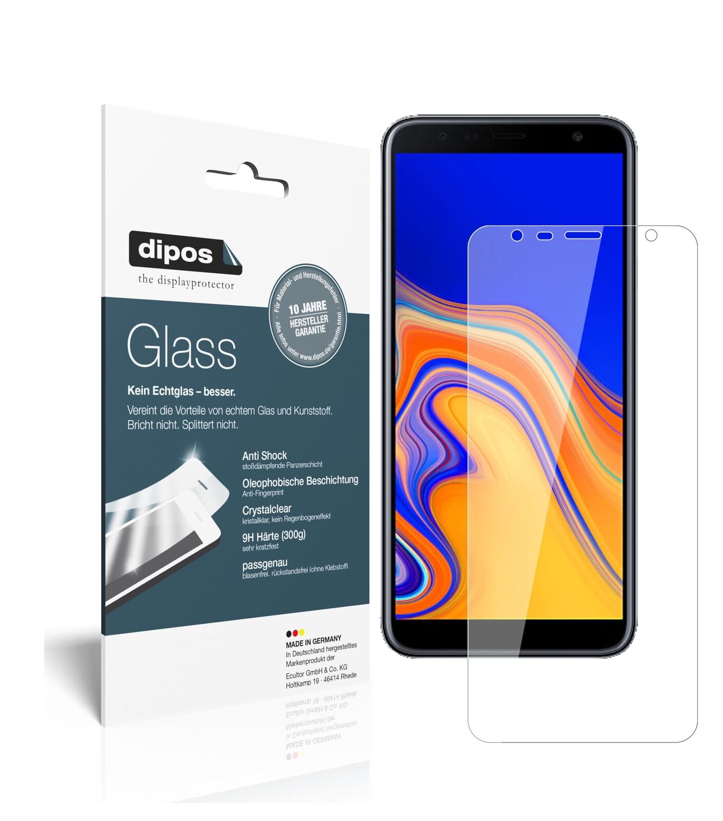 SamsungGalaxy J6 Plus (2018) mit aufgebrachter dipos Flex Schutzfolie, glasklare Darstellung ohne Einschränkungen