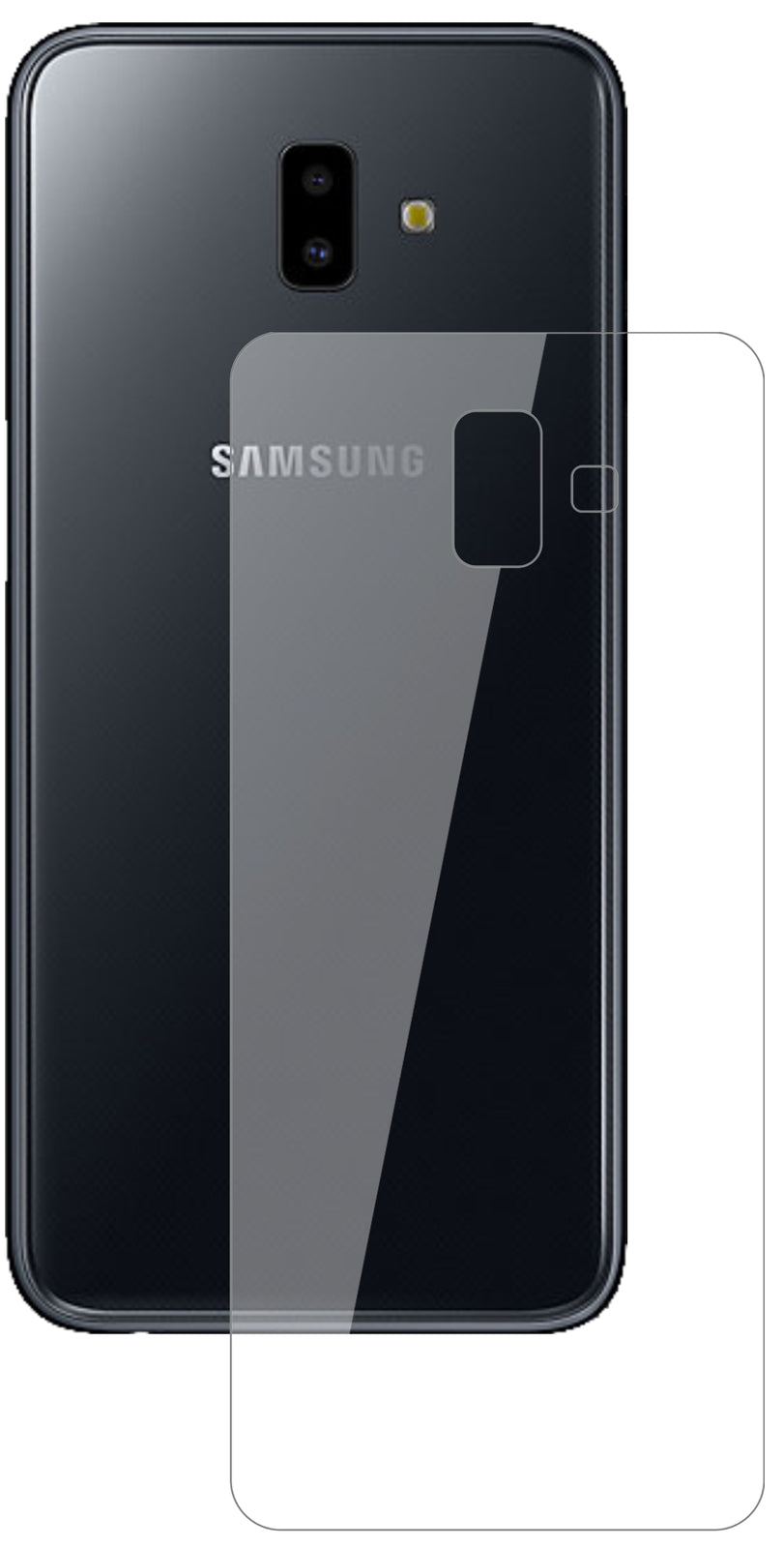 SamsungGalaxy J6 Plus (2018) Rückseite mit aufgebrachter dipos Flex Schutzfolie, glasklare Darstellung ohne Einschränkungen