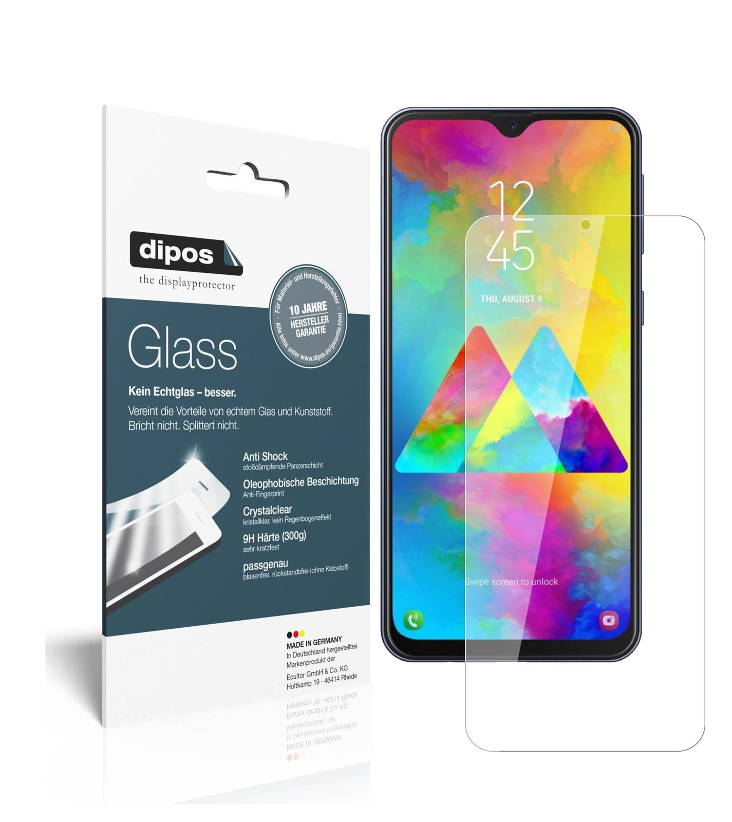 SamsungGalaxy M20 mit aufgebrachter dipos Flex Schutzfolie, glasklare Darstellung ohne Einschränkungen