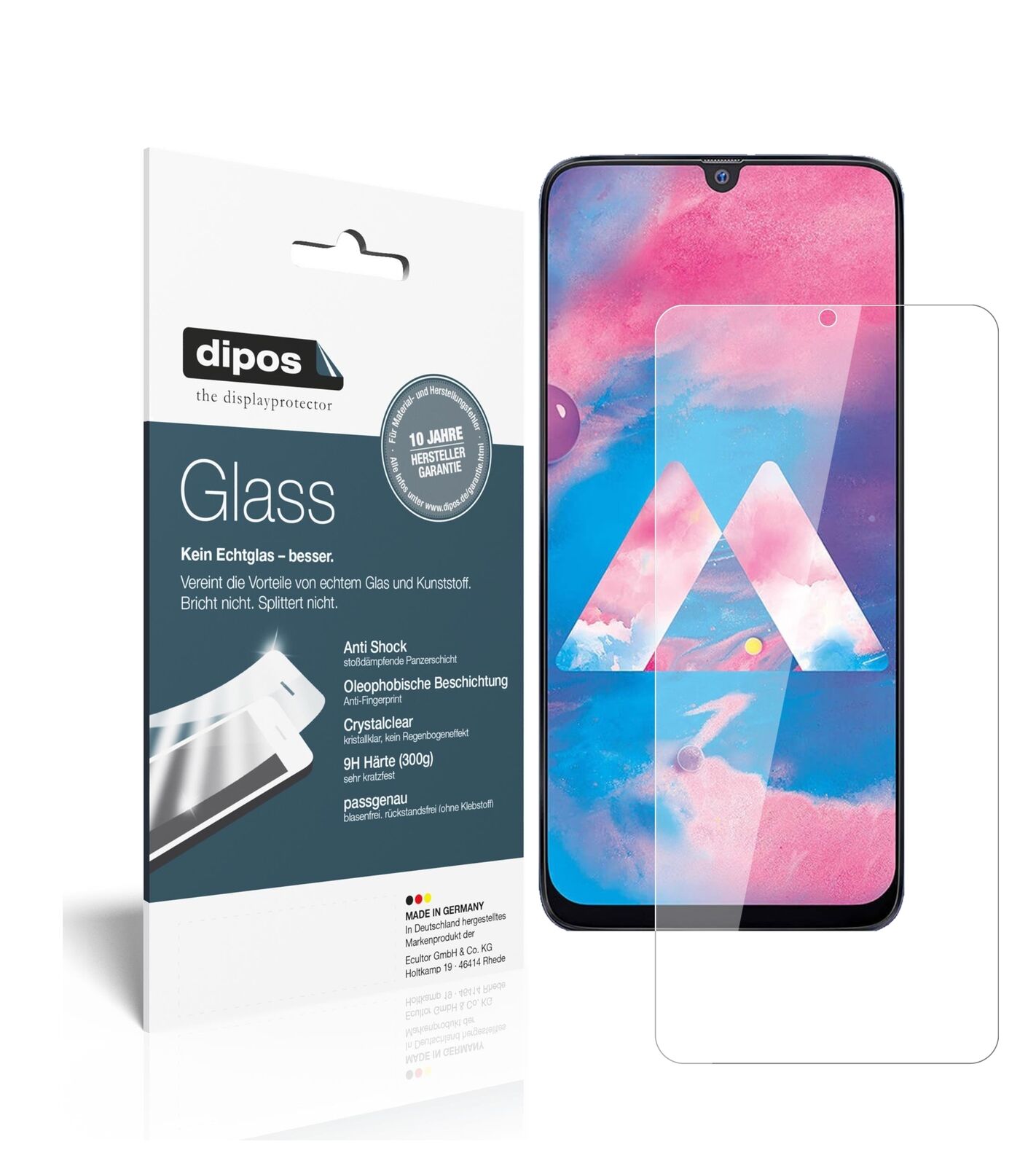 SamsungGalaxy M30 mit aufgebrachter dipos Flex Schutzfolie, glasklare Darstellung ohne Einschränkungen