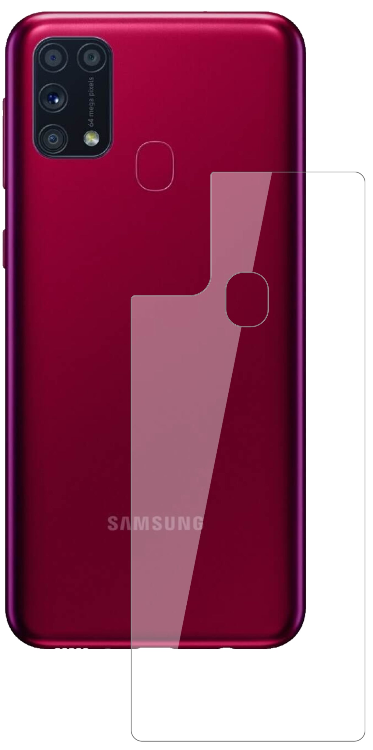 SamsungGalaxy M31 Rückseite mit aufgebrachter dipos Flex Schutzfolie, glasklare Darstellung ohne Einschränkungen