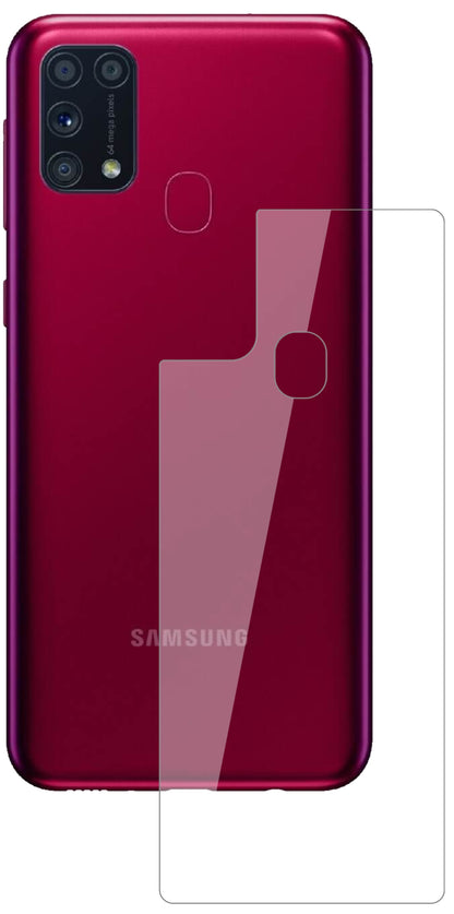 SamsungGalaxy M31 Rückseite mit aufgebrachter dipos Flex Schutzfolie, glasklare Darstellung ohne Einschränkungen