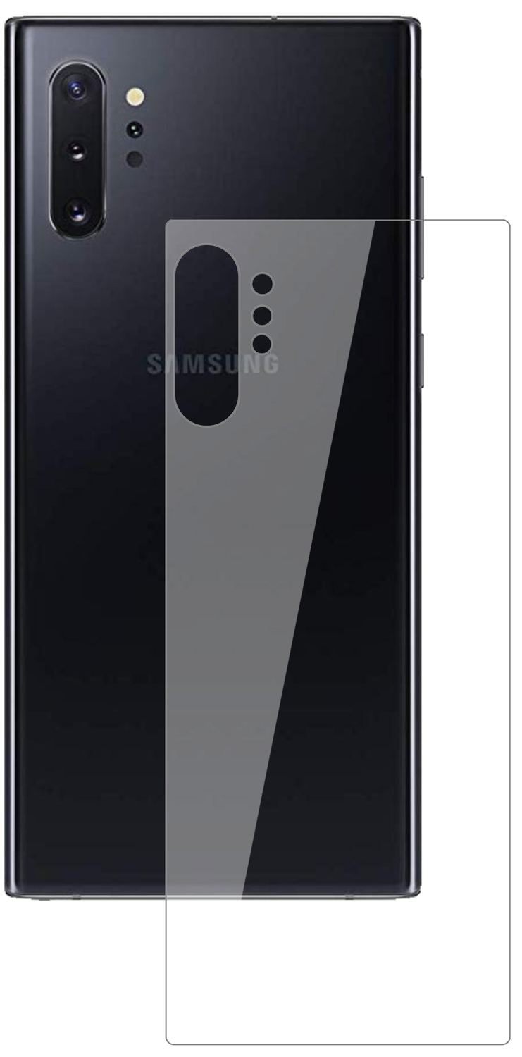 SamsungGalaxy Note 10 Plus 5G Rückseite mit aufgebrachter dipos Flex Schutzfolie, glasklare Darstellung ohne Einschränkungen