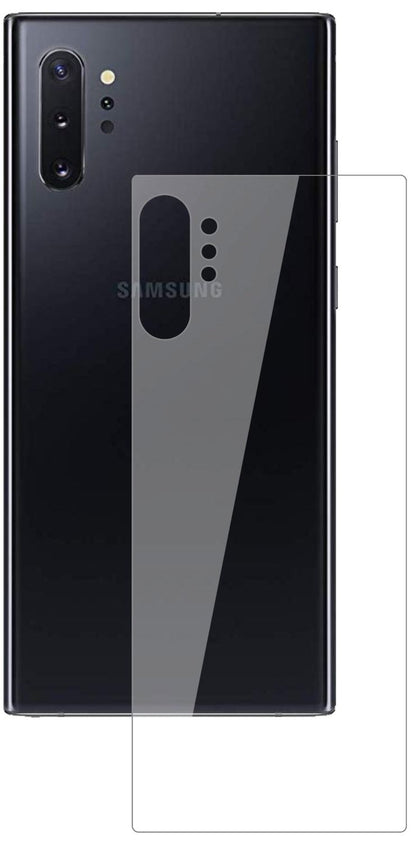 SamsungGalaxy Note 10 Plus 5G Rückseite mit aufgebrachter dipos Flex Schutzfolie, glasklare Darstellung ohne Einschränkungen