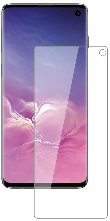 SamsungGalaxy S10 mit aufgebrachter dipos Flex Schutzfolie, glasklare Darstellung ohne Einschränkungen