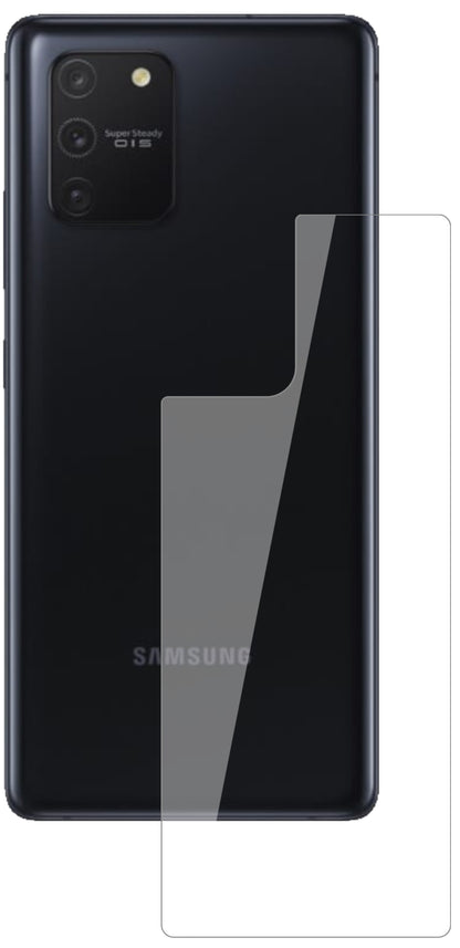 SamsungGalaxy S10 Lite Rückseite mit aufgebrachter dipos Flex Schutzfolie, glasklare Darstellung ohne Einschränkungen