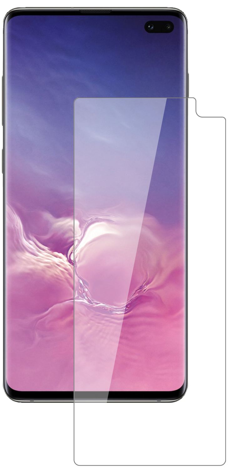 SamsungGalaxy S10 Plus mit aufgebrachter dipos Flex Schutzfolie, glasklare Darstellung ohne Einschränkungen