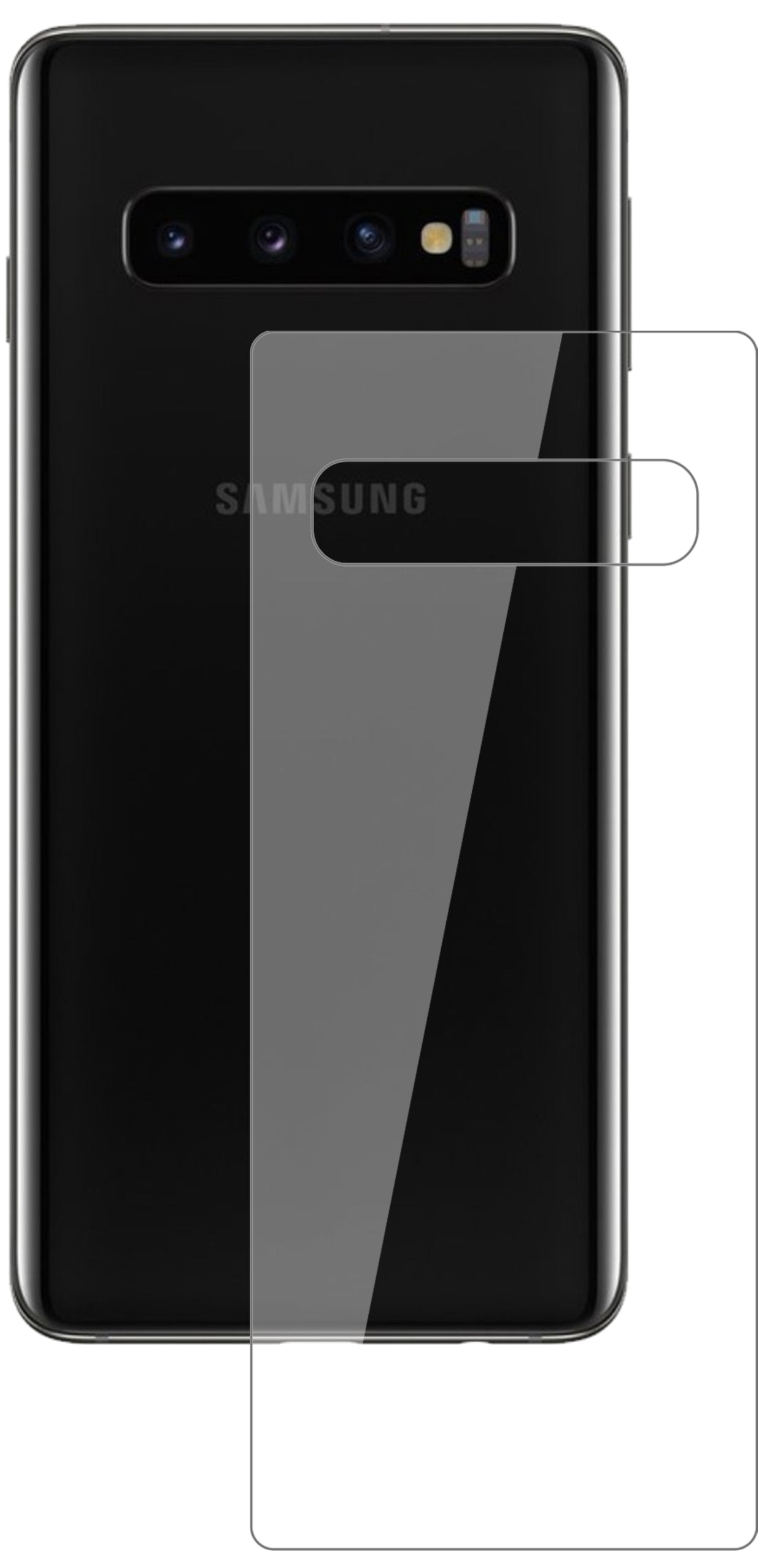 SamsungGalaxy S10 Rückseite mit aufgebrachter dipos Flex Schutzfolie, glasklare Darstellung ohne Einschränkungen