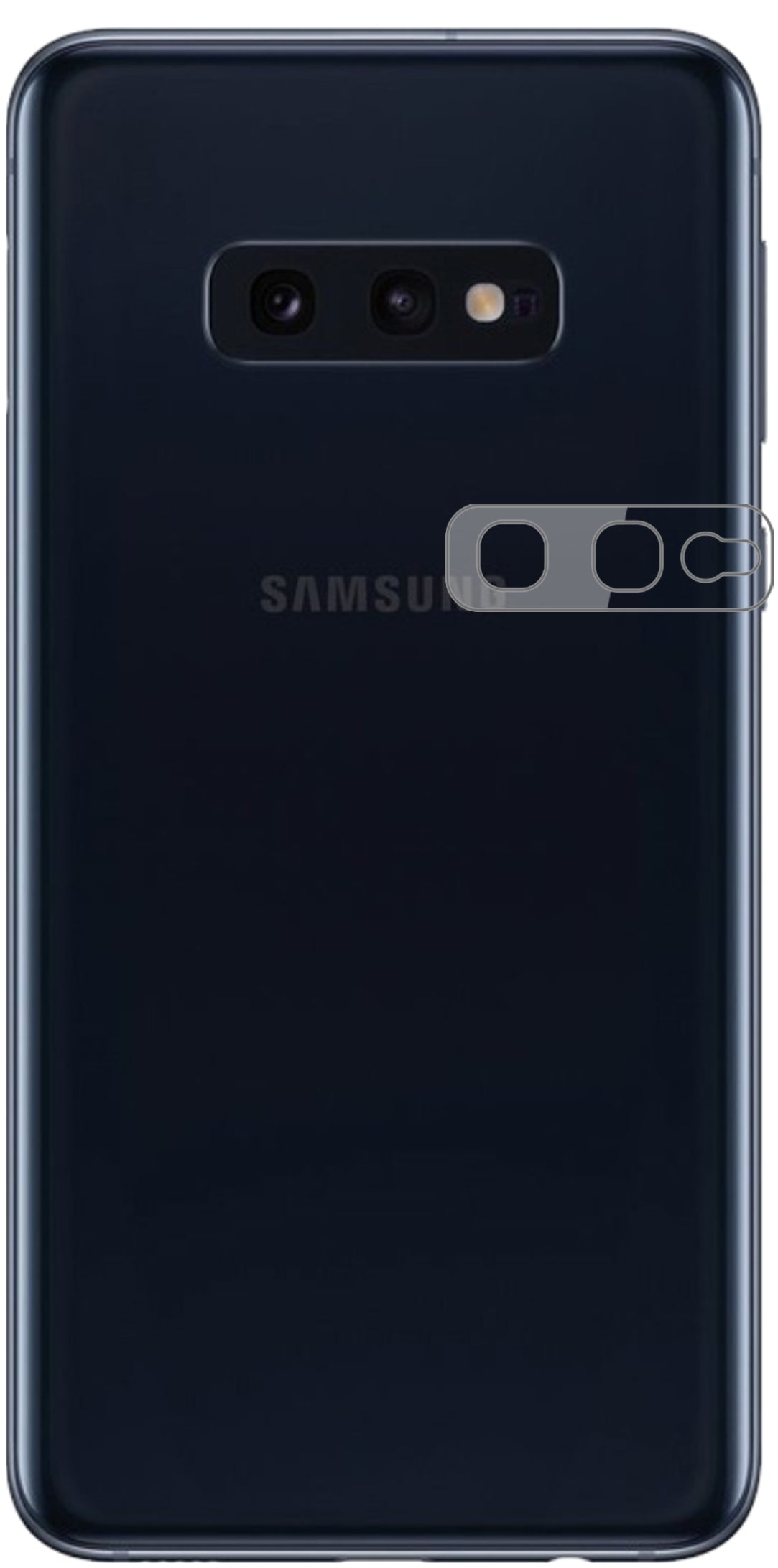 SamsungGalaxy S10e Kameralinse mit aufgebrachter dipos Flex Schutzfolie, glasklare Darstellung ohne Einschränkungen