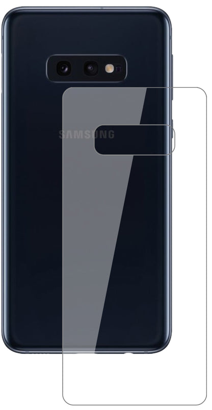 SamsungGalaxy S10e Rückseite mit aufgebrachter dipos Flex Schutzfolie, glasklare Darstellung ohne Einschränkungen