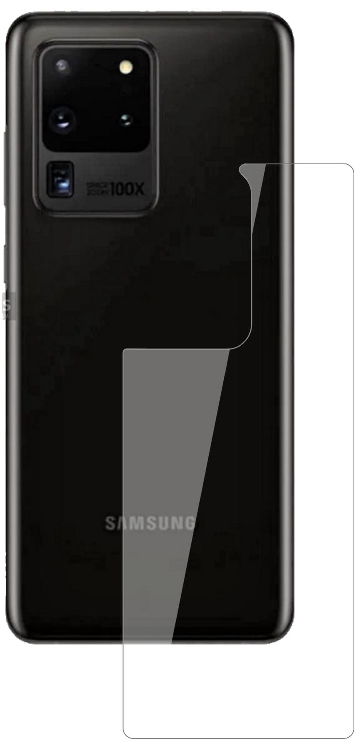 SamsungGalaxy S20 Ultra 5G Rückseite mit aufgebrachter dipos Flex Schutzfolie, glasklare Darstellung ohne Einschränkungen