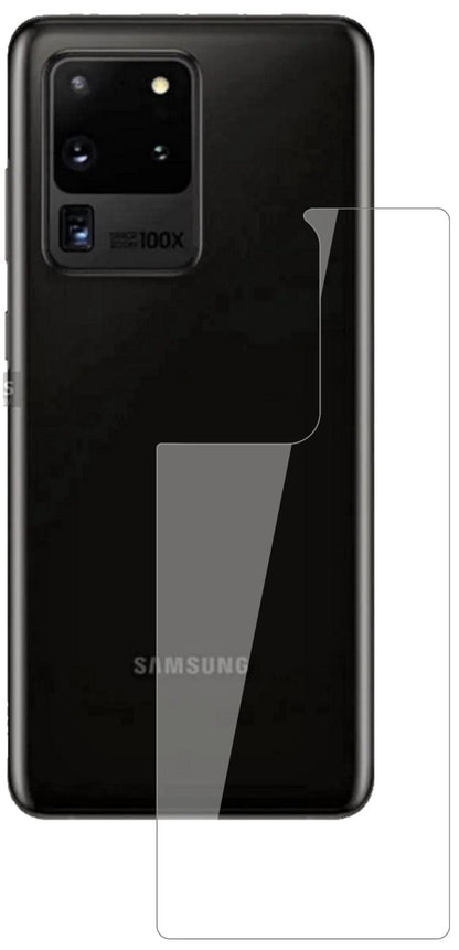 SamsungGalaxy S20 Ultra 5G Rückseite mit aufgebrachter dipos Flex Schutzfolie, glasklare Darstellung ohne Einschränkungen
