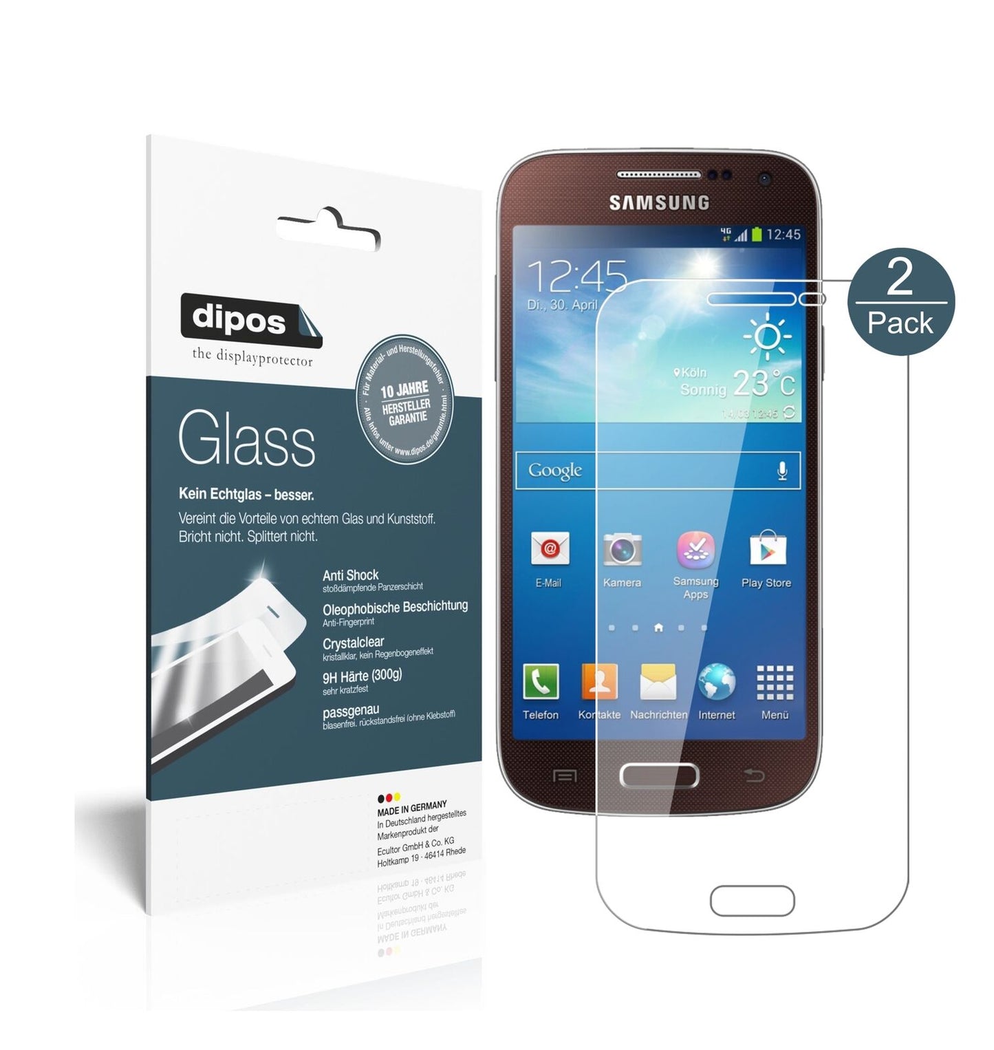 SamsungGalaxy S4 Mini mit aufgebrachter dipos Flex Schutzfolie, glasklare Darstellung ohne Einschränkungen