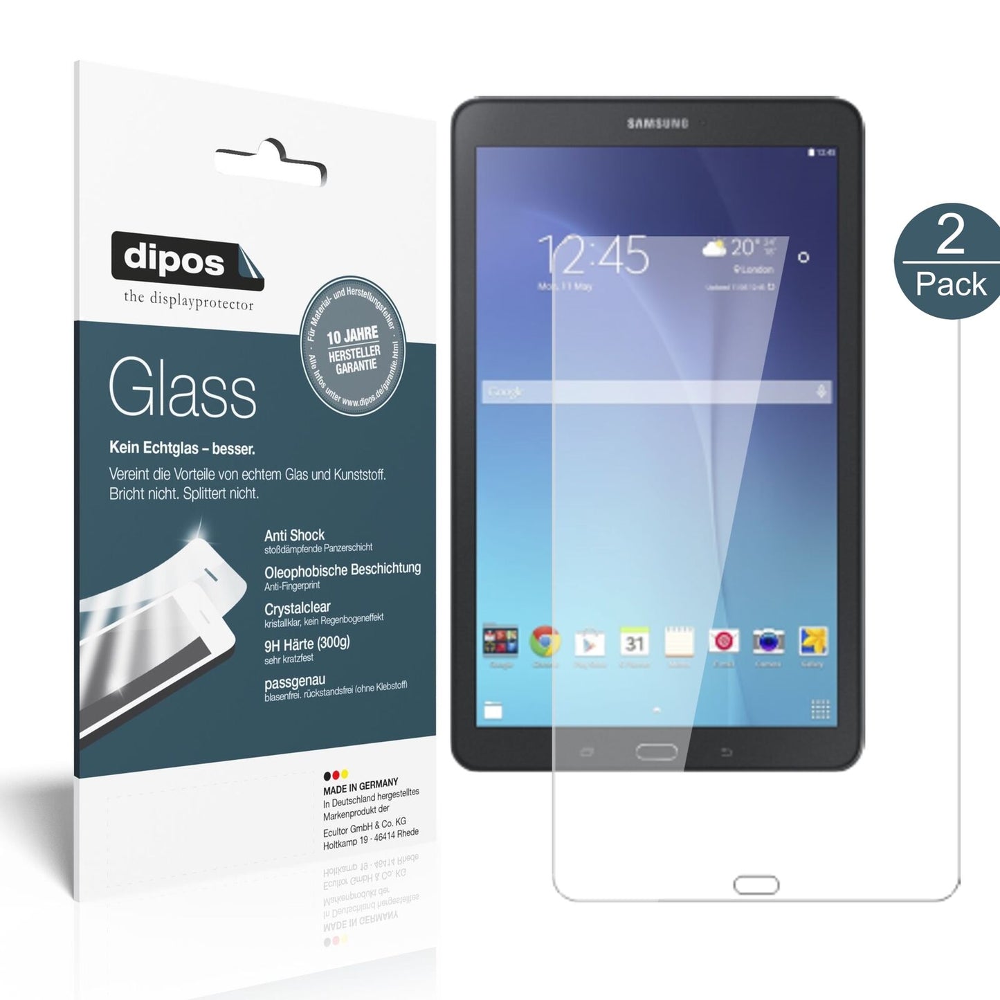 SamsungGalaxy Tab E 9.6 mit aufgebrachter dipos Flex Schutzfolie, glasklare Darstellung ohne Einschränkungen
