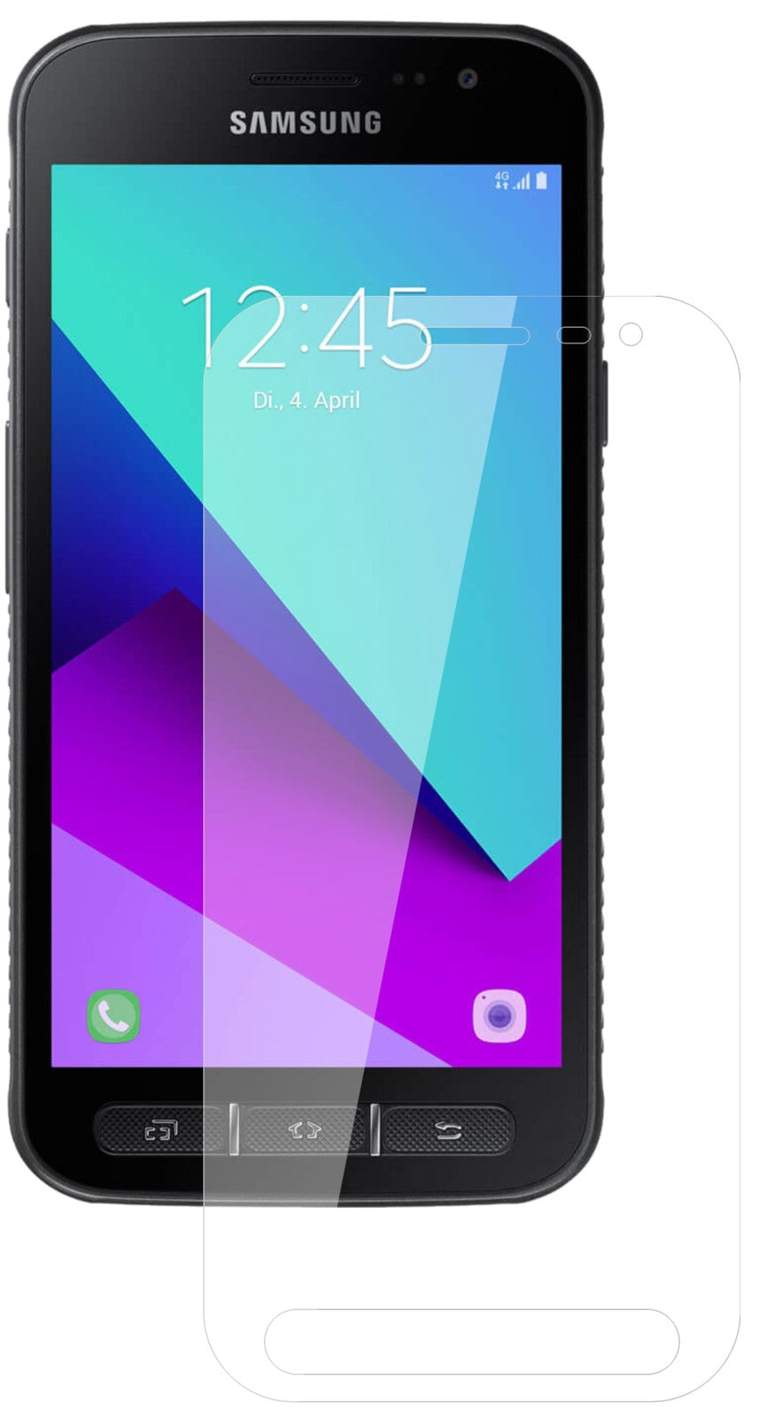 SamsungGalaxy Xcover 4 mit aufgebrachter dipos Flex Schutzfolie, glasklare Darstellung ohne Einschränkungen