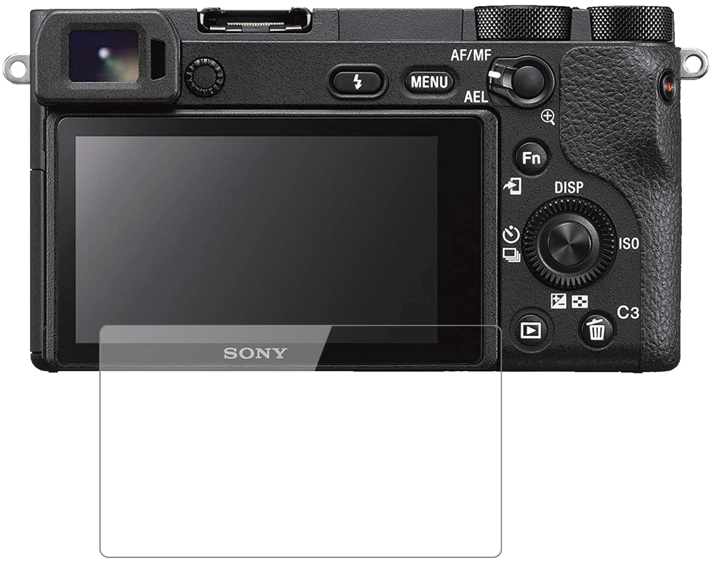 SonyAlpha 6600 mit aufgebrachter dipos Flex Schutzfolie, glasklare Darstellung ohne Einschränkungen