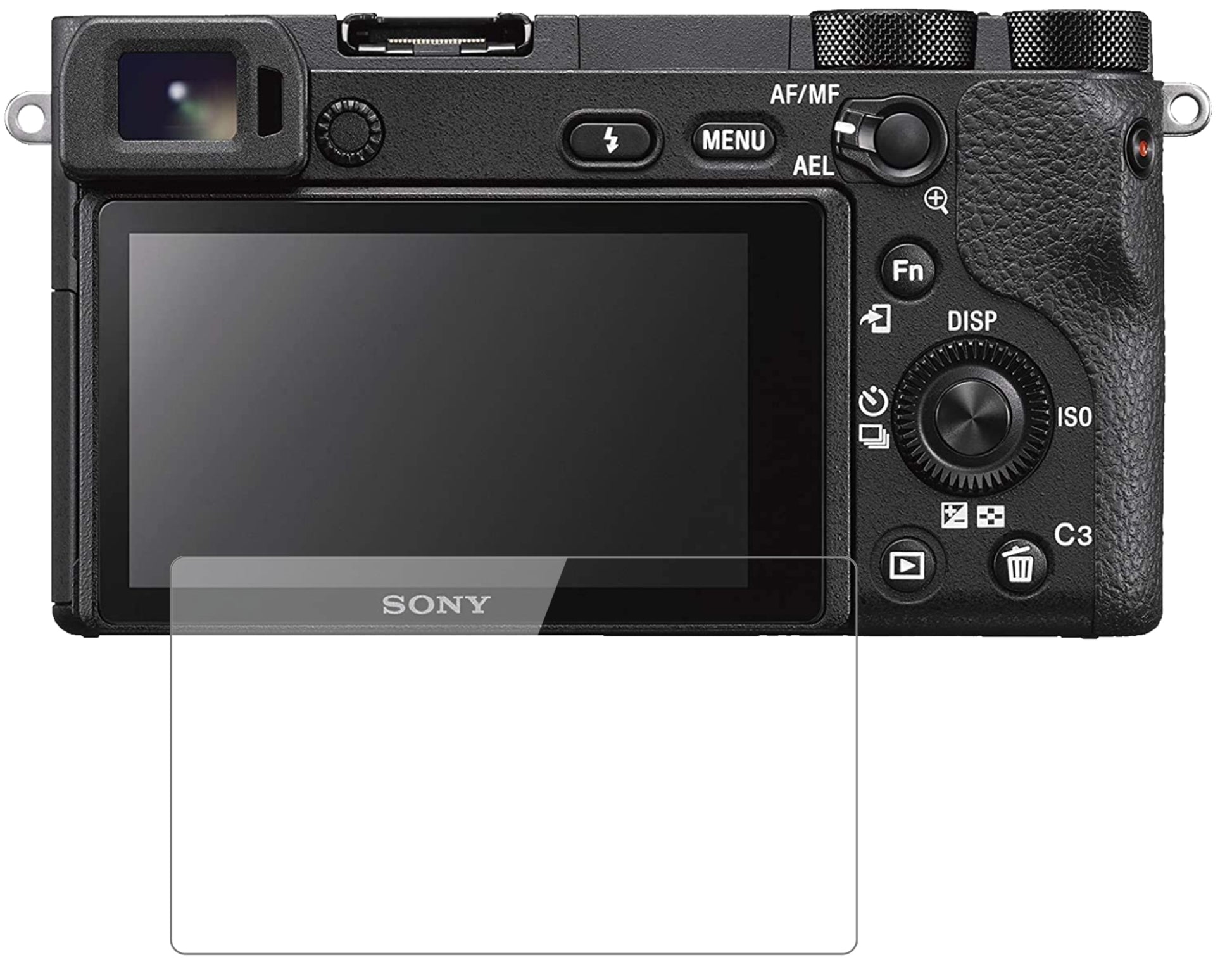 SonyAlpha 6600 mit aufgebrachter dipos Flex Schutzfolie, glasklare Darstellung ohne Einschränkungen
