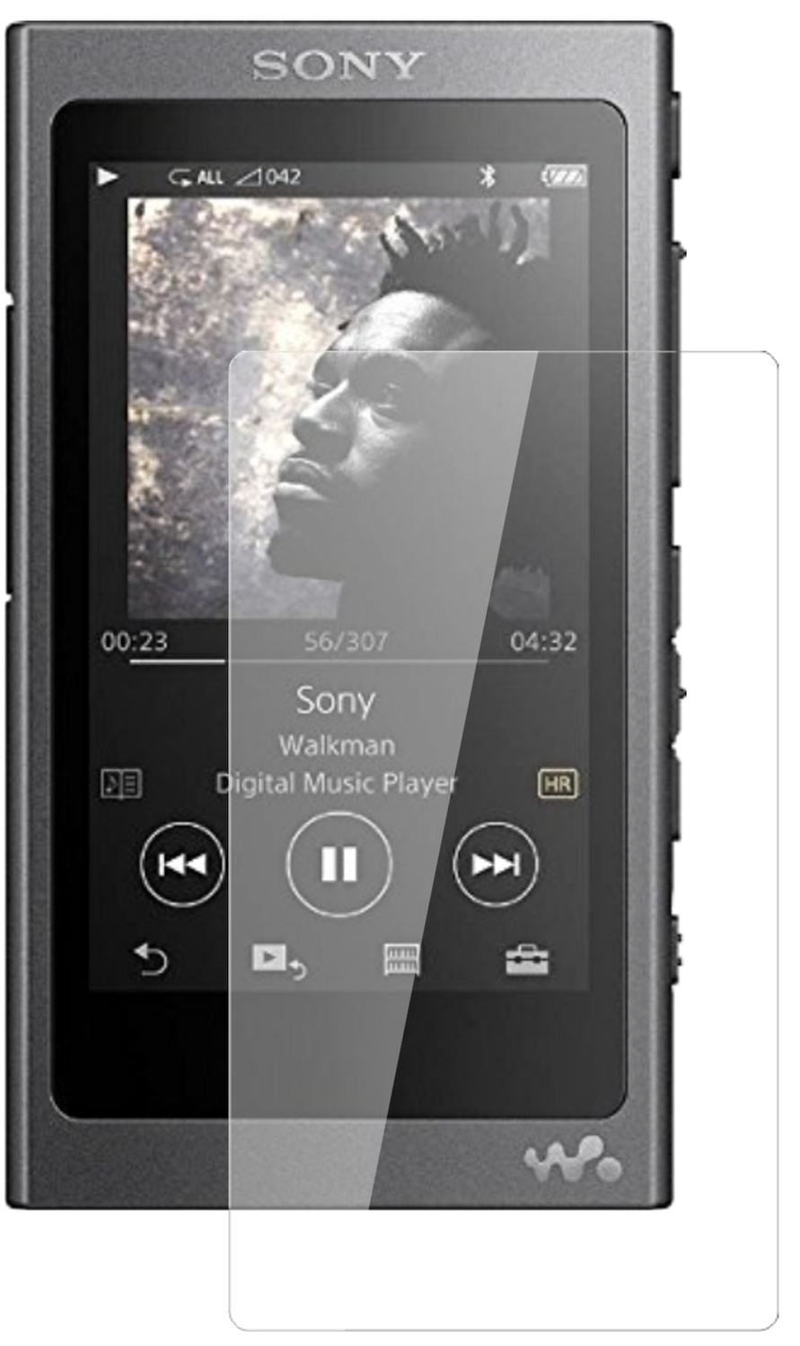 SonyWalkman NW-A35 mit aufgebrachter dipos Flex Schutzfolie, glasklare Darstellung ohne Einschränkungen
