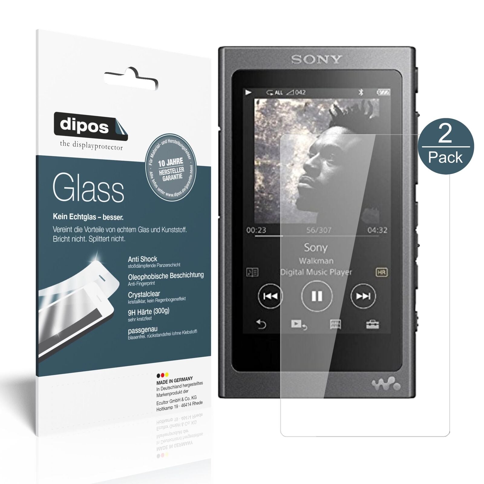 SonyWalkman NW-A35 mit aufgebrachter dipos Flex Schutzfolie, glasklare Darstellung ohne Einschränkungen
