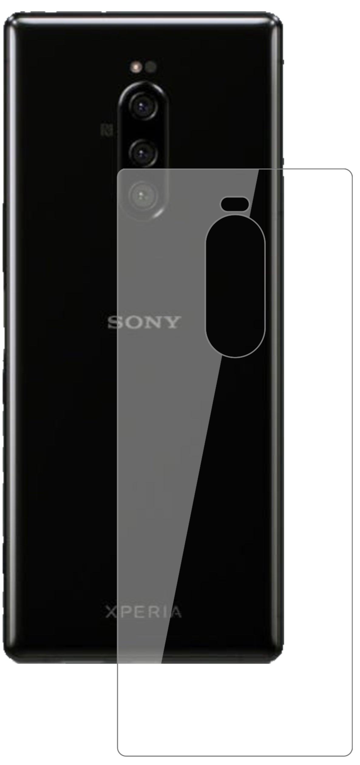 SonyXperia 1 Rückseite mit aufgebrachter dipos Flex Schutzfolie, glasklare Darstellung ohne Einschränkungen