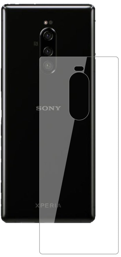 SonyXperia 1 Rückseite mit aufgebrachter dipos Flex Schutzfolie, glasklare Darstellung ohne Einschränkungen