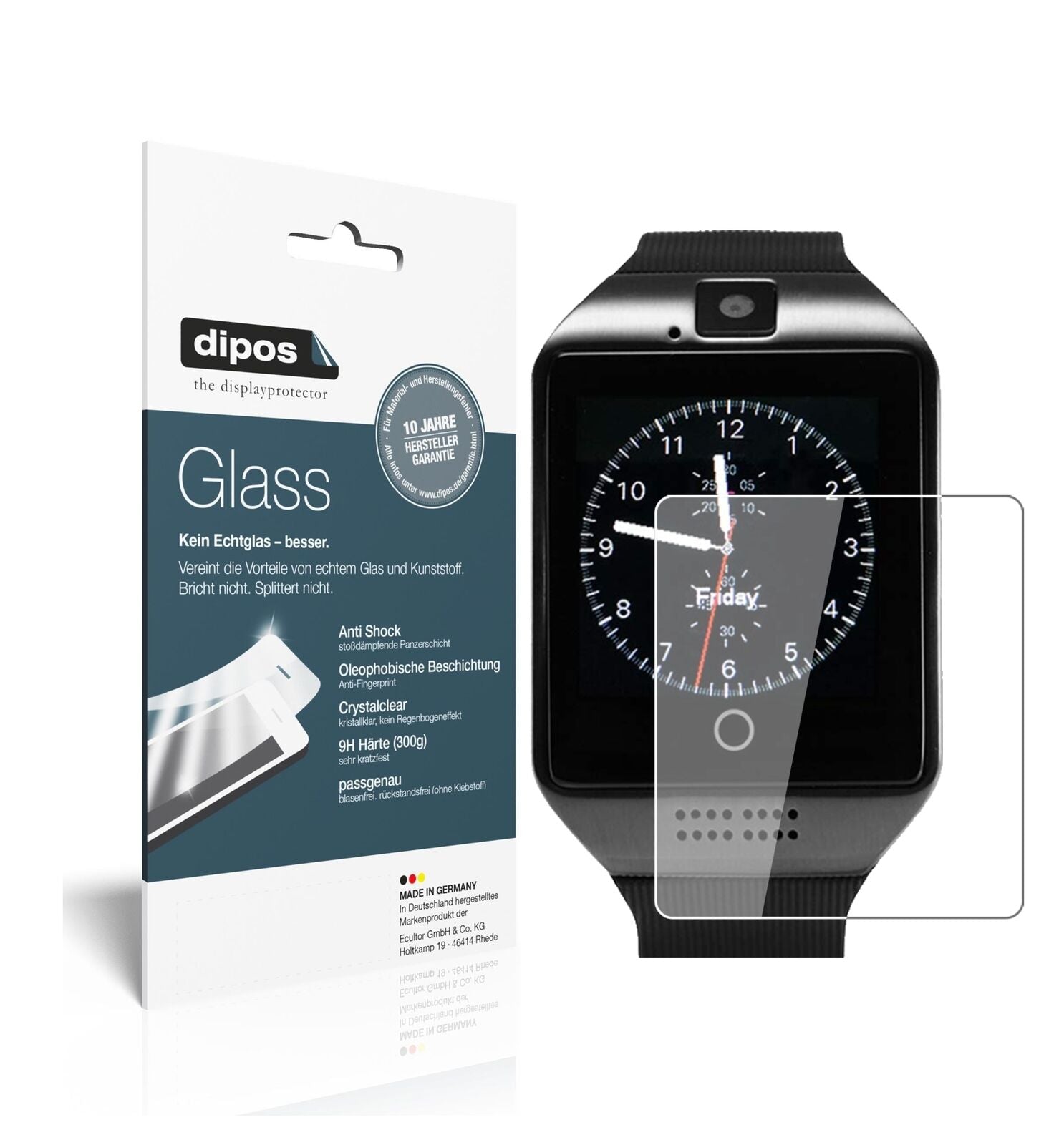 TagobeeTB02 Smartwatch mit aufgebrachter dipos Flex Schutzfolie, glasklare Darstellung ohne Einschränkungen
