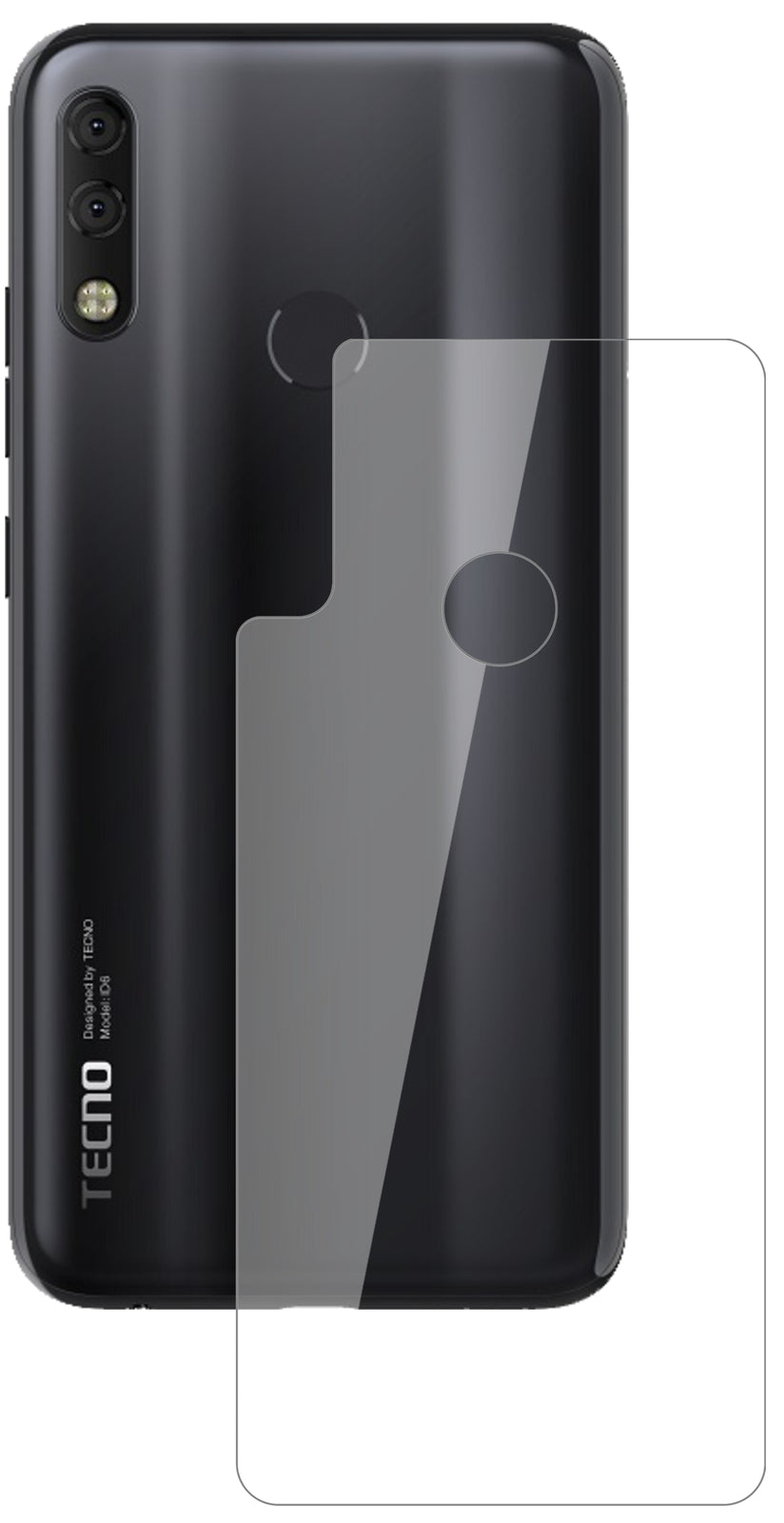 TecnoCamon 11 Pro Rückseite mit aufgebrachter dipos Flex Schutzfolie, glasklare Darstellung ohne Einschränkungen