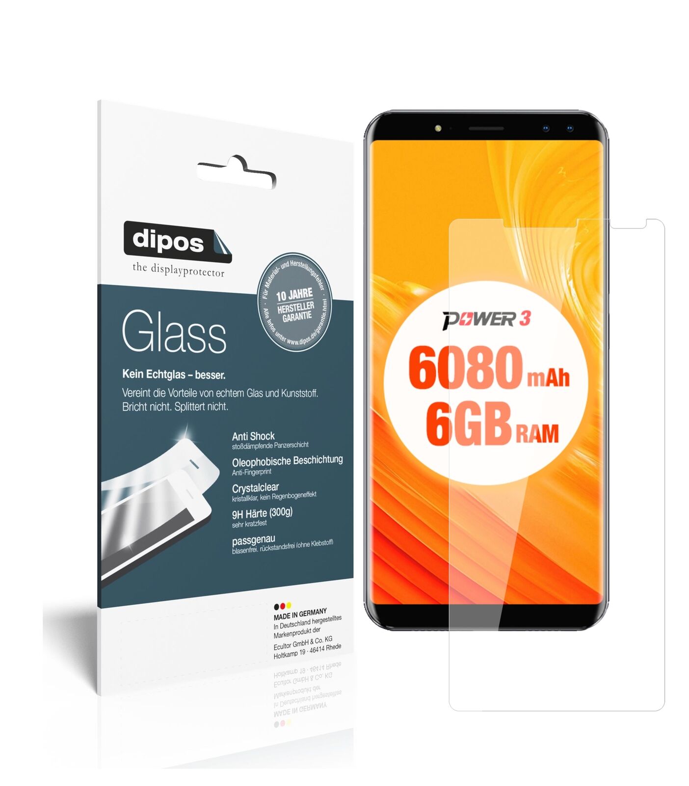UlefonePower 3 mit aufgebrachter dipos Flex Schutzfolie, glasklare Darstellung ohne Einschränkungen