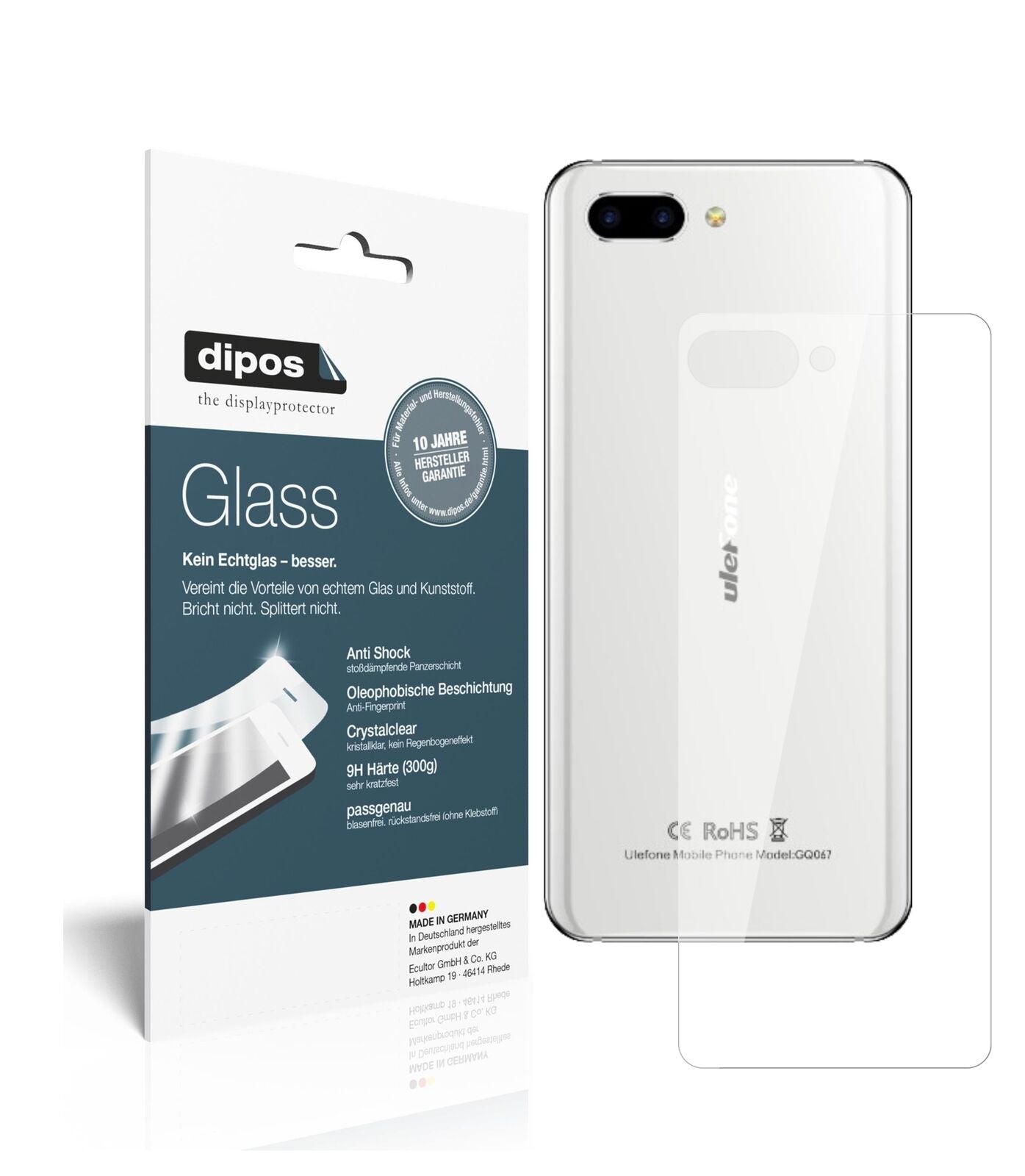 UlefoneT2 Pro Rückseite mit aufgebrachter dipos Flex Schutzfolie, glasklare Darstellung ohne Einschränkungen