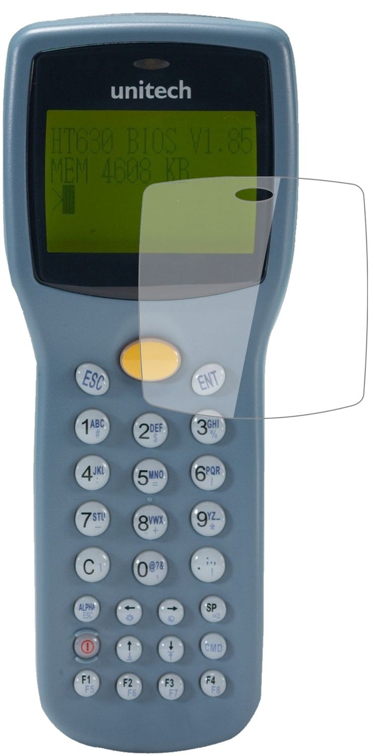 UnitechHT630 mit aufgebrachter dipos Flex Schutzfolie, glasklare Darstellung ohne Einschränkungen