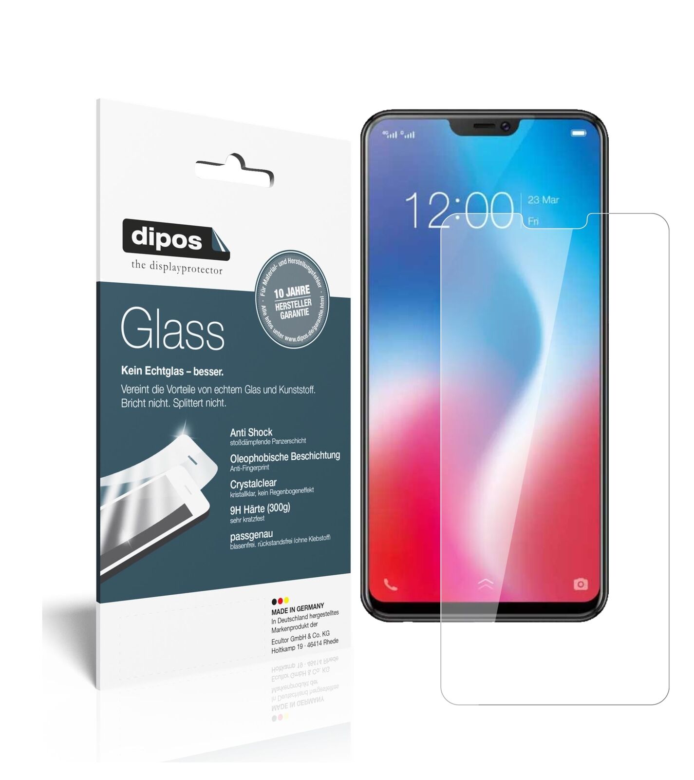 VivoV9 Pro mit aufgebrachter dipos Flex Schutzfolie, glasklare Darstellung ohne Einschränkungen