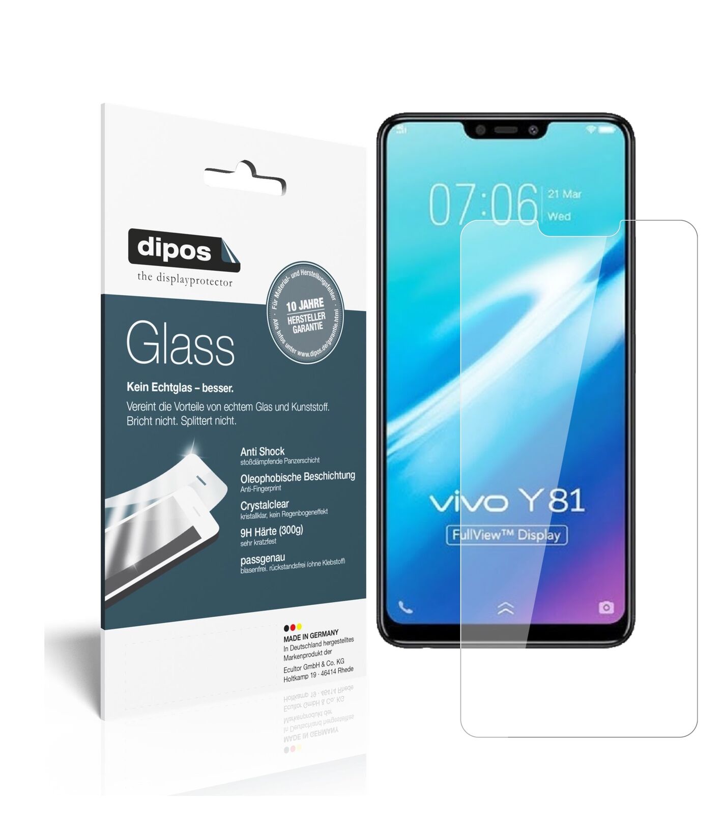 VivoY81 mit aufgebrachter dipos Flex Schutzfolie, glasklare Darstellung ohne Einschränkungen