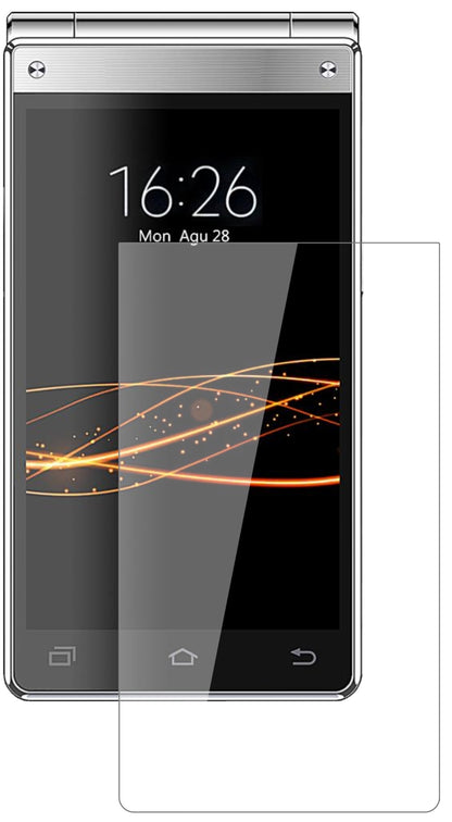 VKWORLDT2 Plus mit aufgebrachter dipos Flex Schutzfolie, glasklare Darstellung ohne Einschränkungen