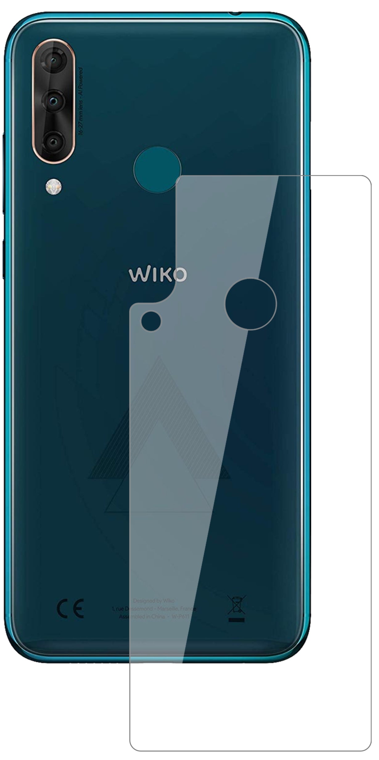WikoView 3 Pro Rückseite mit aufgebrachter dipos Flex Schutzfolie, glasklare Darstellung ohne Einschränkungen