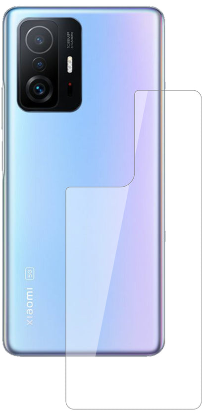 Xiaomi11T Pro Rückseite mit aufgebrachter dipos Flex Schutzfolie, glasklare Darstellung ohne Einschränkungen