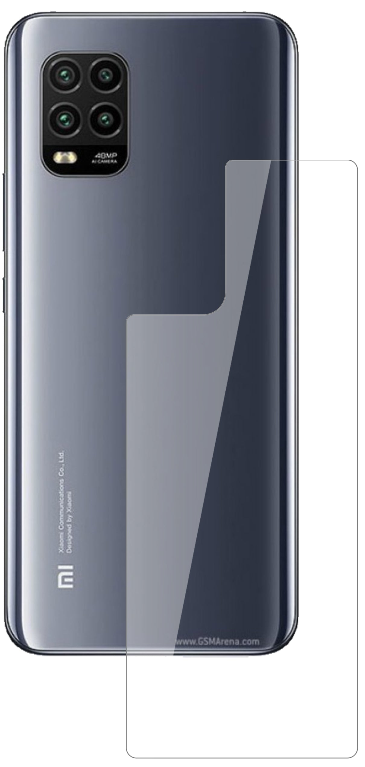 XiaomiMi 10 Lite 5G Rückseite mit aufgebrachter dipos Flex Schutzfolie, glasklare Darstellung ohne Einschränkungen