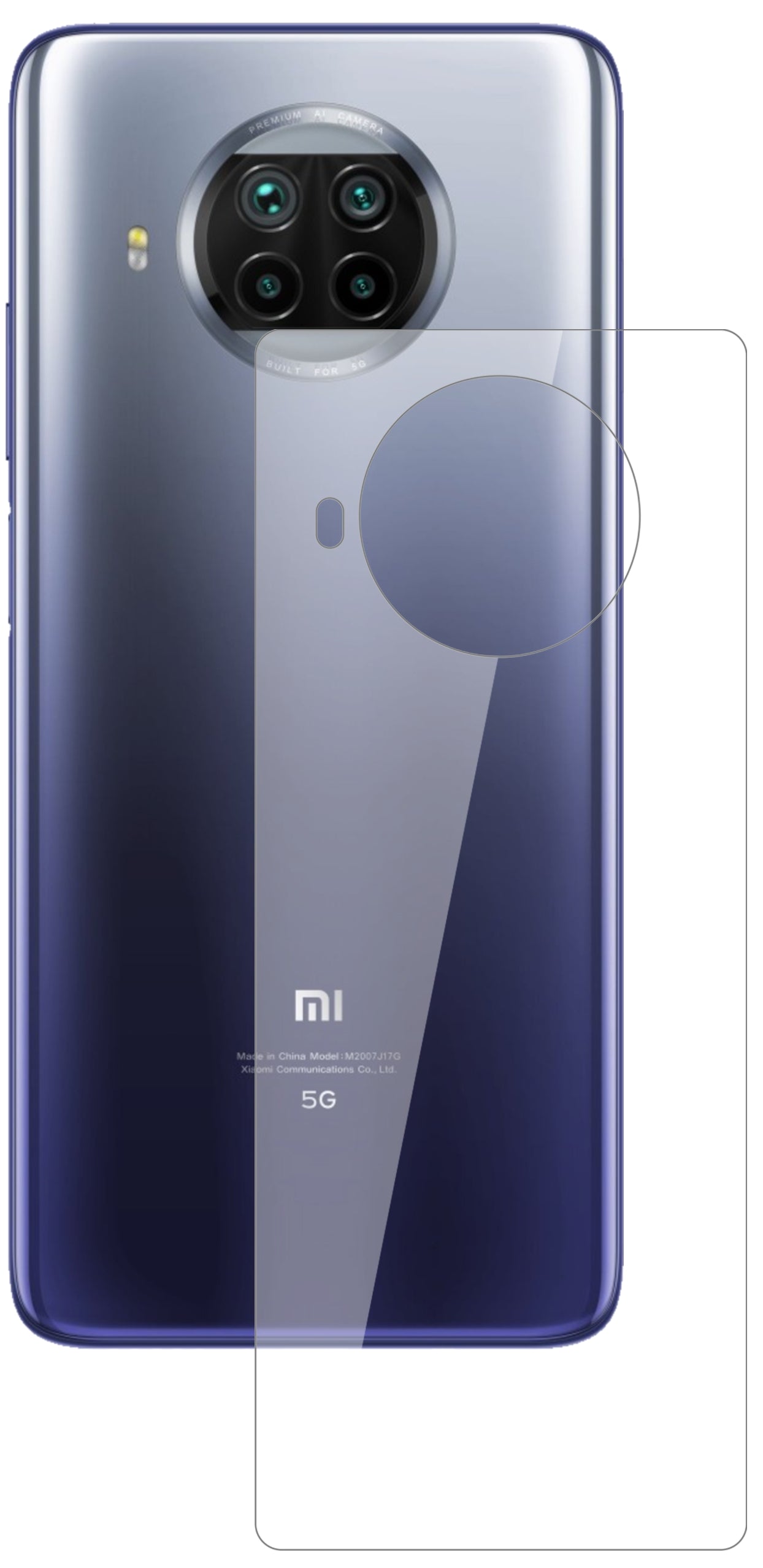XiaomiMi 10T Lite Rückseite mit aufgebrachter dipos Flex Schutzfolie, glasklare Darstellung ohne Einschränkungen