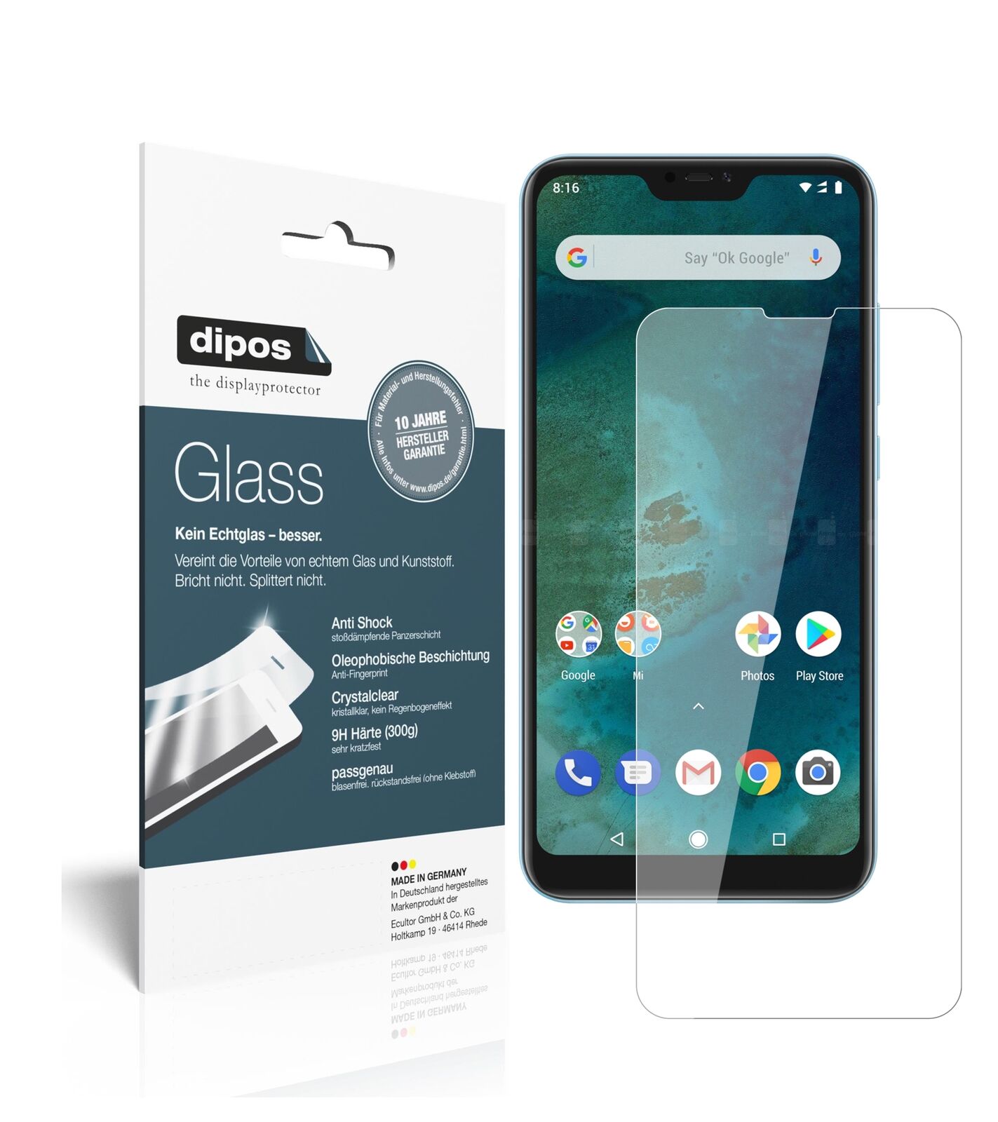 XiaomiMi A2 Lite mit aufgebrachter dipos Flex Schutzfolie, glasklare Darstellung ohne Einschränkungen