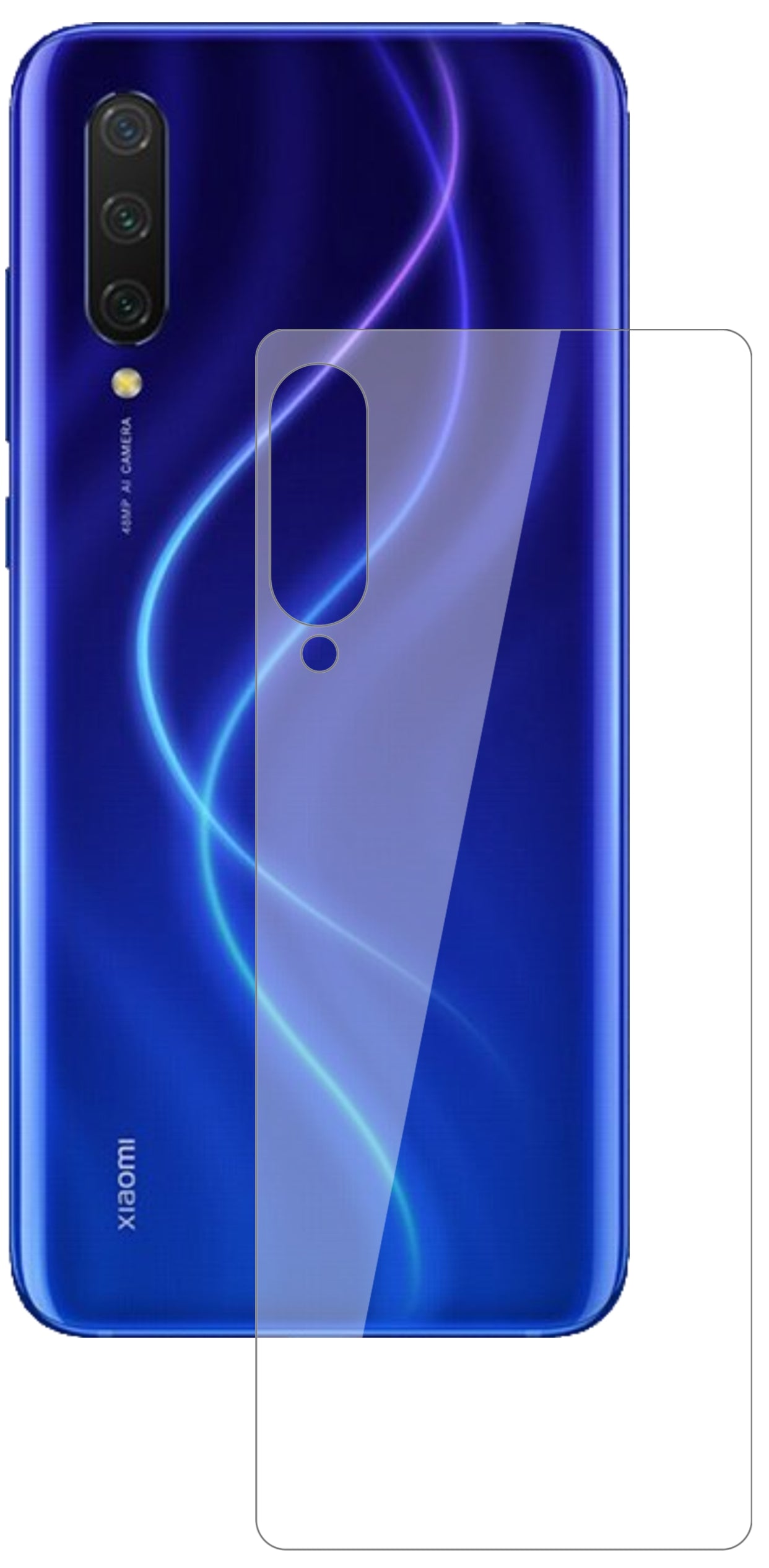 XiaomiMi CC9e Rückseite mit aufgebrachter dipos Flex Schutzfolie, glasklare Darstellung ohne Einschränkungen