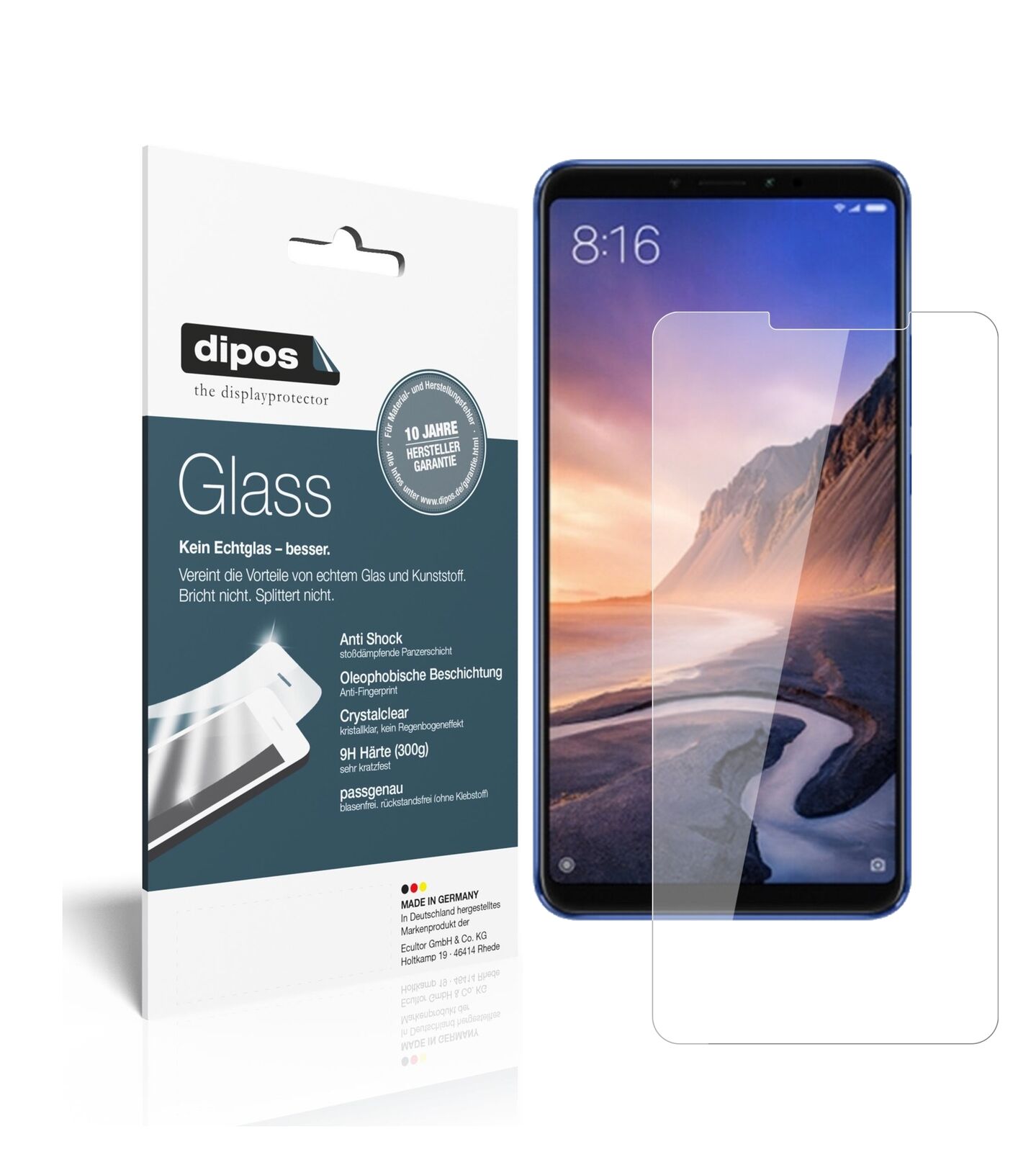 XiaomiMi Max 3 mit aufgebrachter dipos Flex Schutzfolie, glasklare Darstellung ohne Einschränkungen