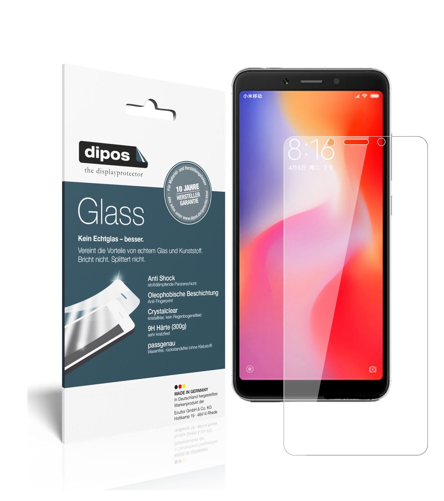 XiaomiRedmi 6 mit aufgebrachter dipos Flex Schutzfolie, glasklare Darstellung ohne Einschränkungen