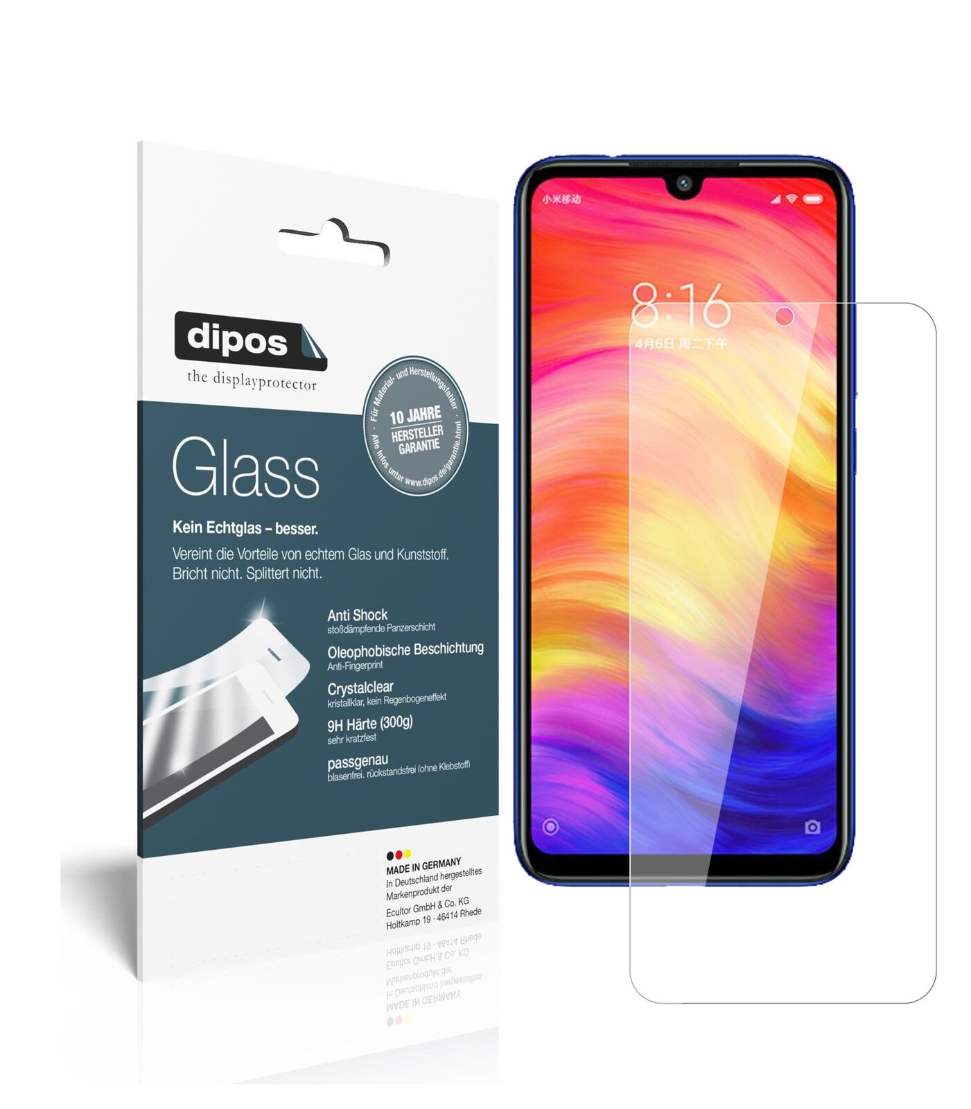 XiaomiRedmi Note 7 Pro mit aufgebrachter dipos Flex Schutzfolie, glasklare Darstellung ohne Einschränkungen