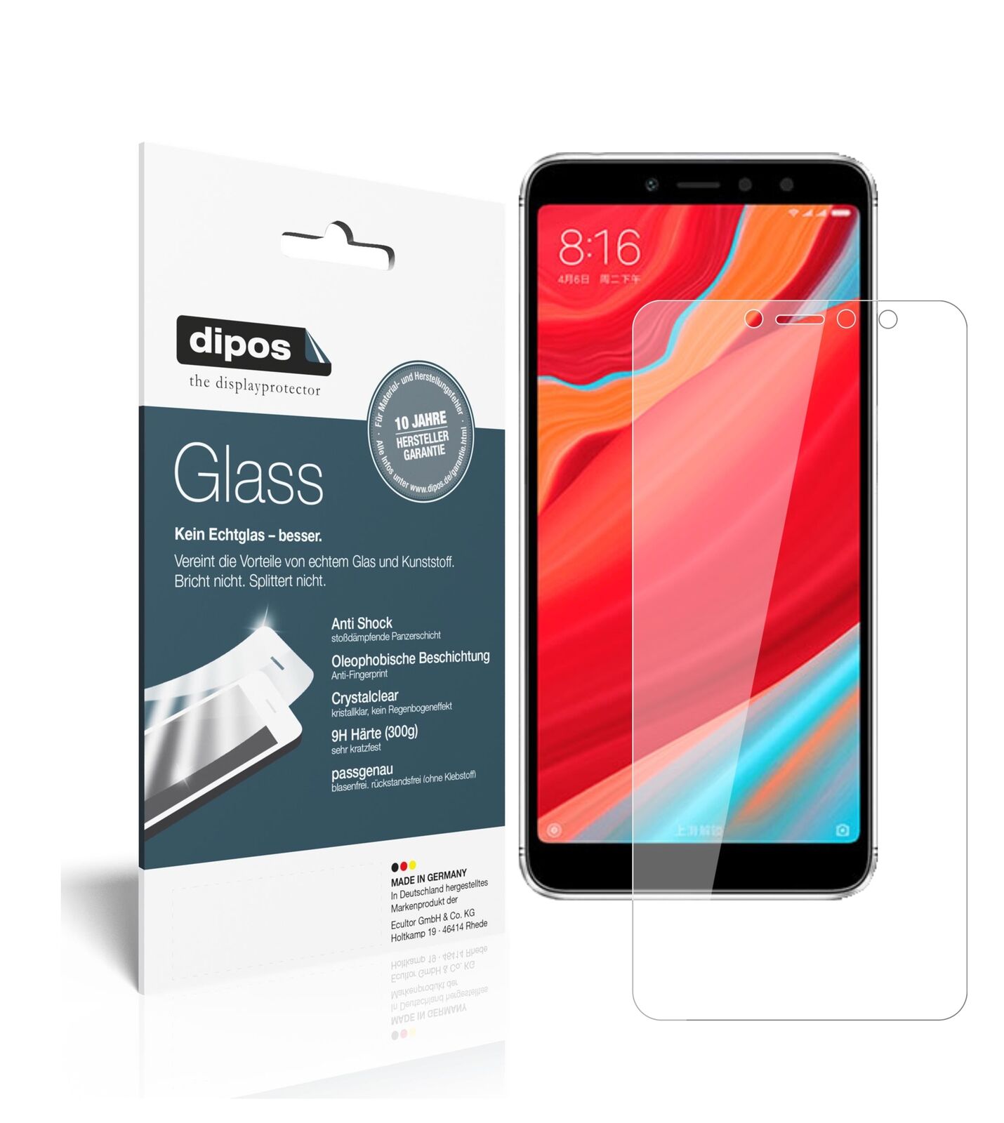 XiaomiRedmi S2 mit aufgebrachter dipos Flex Schutzfolie, glasklare Darstellung ohne Einschränkungen