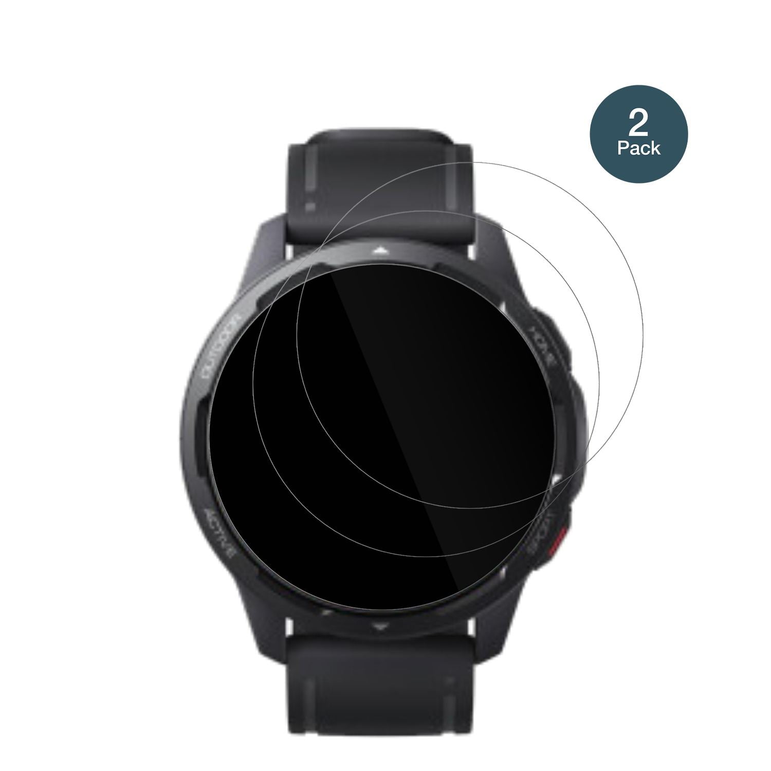 XiaomiWatch S1 Active mit aufgebrachter dipos Flex Schutzfolie, glasklare Darstellung ohne Einschränkungen