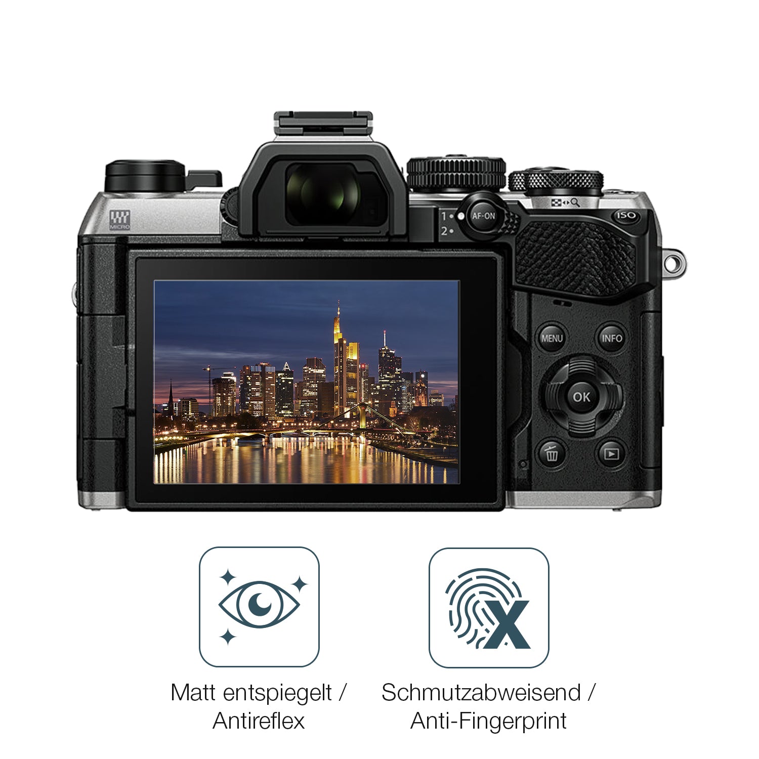 9H Hartbeschichtete, flexible Folie passend zugeschnitten für Olympus OM System OM-5 Mark II
