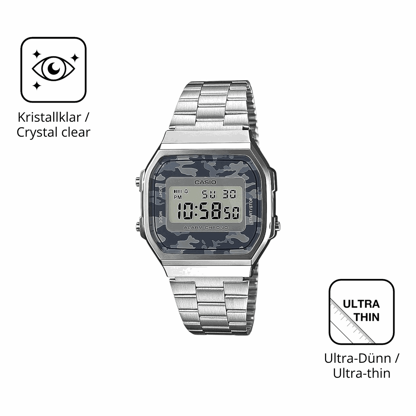 D�nne und klare Folie passend zugeschnitten f�r Casio A168WEC-1EF