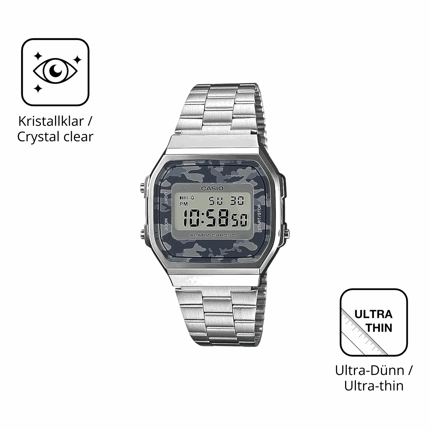 D�nne und klare Folie passend zugeschnitten f�r Casio A168WEC-1EF
